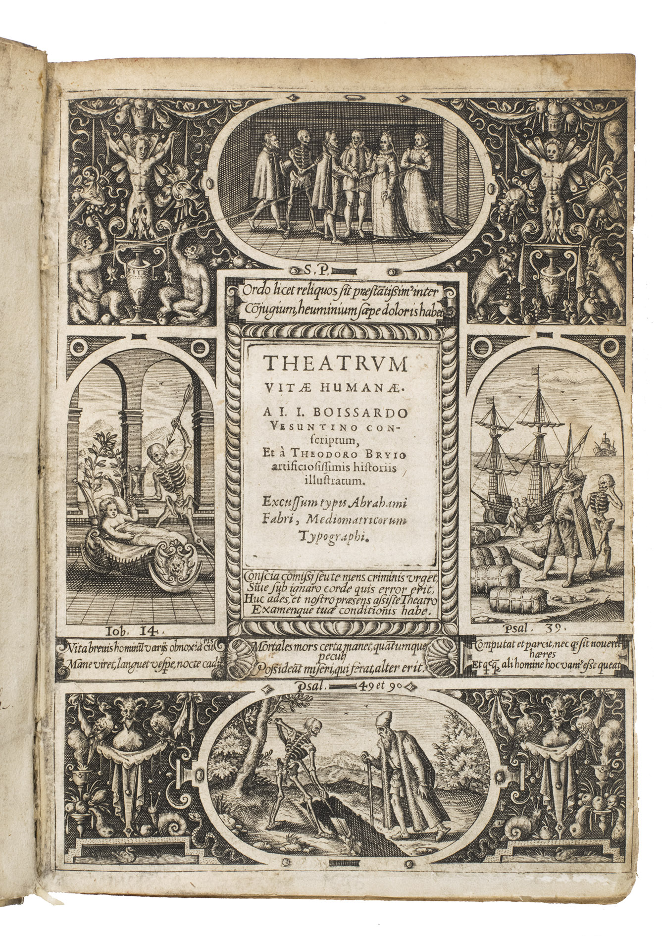 BOISSARD, Jean Jacques. - Theatrum vitae humanae Metz, printed by Abraham Faber for Theodor de Bry in Frankfurt am Main, 1596. 4to. With the title set in an elaborate engraved frame of ornaments and illustrations representing the four stages of human life (birth, marriage, active life, and death) with short bible verses below, a half-page engraved portrait of the author (on leaf 2r in the preliminaries), and 60 half-page engraved emblems in the text, engraved by Theodor de Bry. Further with numerous woodcut decorated initials, head- and tail-pieces throughout. 17th-century vellum.