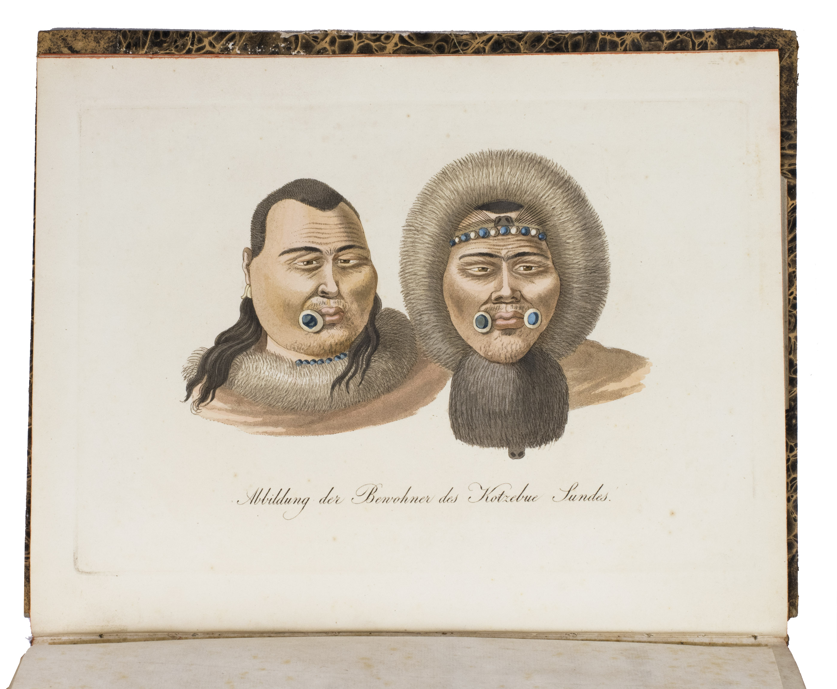 KOTZEBUE, Otto von. - Entdeckungs-Reise in die Sd-See und nach der Berings-Strasse zur Erforschung einer nordstlichen Durchfahrt. Unternommen in den Jahren 1815, 1816, 1817 und 1818, auf Kosten Sr. Erlaucht des Herren Reichs-Kanzlers Grafen Rumanzoff auf dem Schiffe Rurick unter dem Befehle des Lieutenants der Russisch-Kaiserlichen Marine Otto von Kotzebue.Weimar, Hoffmann Brothers, 1821. 3 parts in 1 volume. Large 4to. With 6 engraved maps, 4 folding double-page etched aquatints by Paul Anton Skerl and Carl Ermer after Ludwig Choris, 4 hand coloured full-page engraved portraits of indigenous men and women (of which 3 facing the title-pages of the 3 parts), 11 hand coloured full-page engraved plates (numbered I-XI in the plate) of butterflies by Carl Ermer after Johann Friedrich Gustav von Eschscholtz, 1 full-page engraved plate of skulls, 2 folding printed tables, and several tables and schemes in the text. With a divisional title-page for parts 2 and 3. Contemporary half marbled leather.