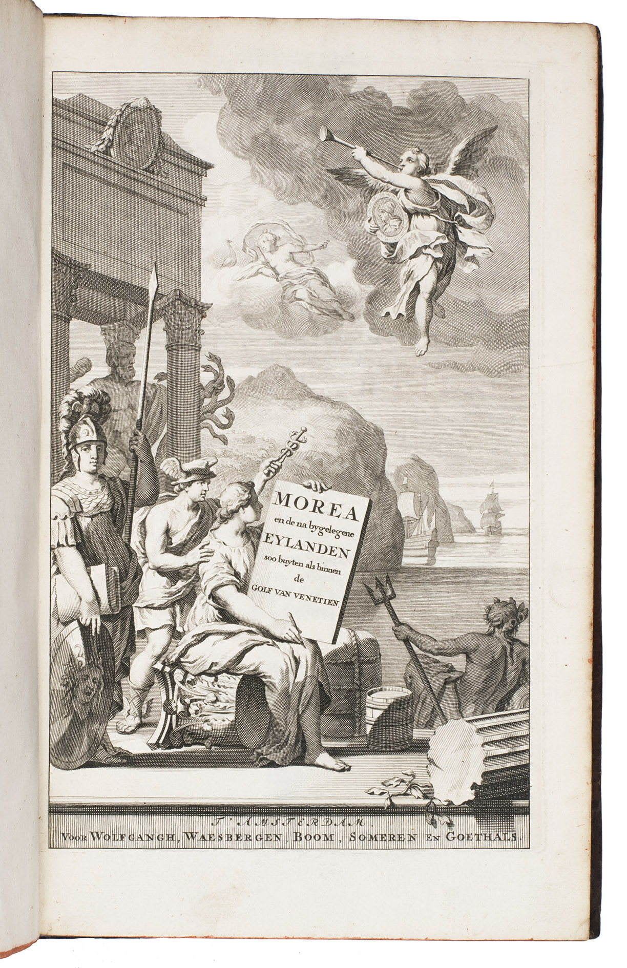 DAPPER, Olfert. - Naukeurige beschryving van Morea, eertijts Peloponnesus ...Amsterdam, Abraham Wolfgang, firm Janssonius van Waesbergen, Dirk and Hendrik Boom, Joannes van Someren and Rembertus Goethals, 1688. 2 parts in 1 volume. Folio. With an engraved title-page, 2 folding maps, 9 double-page plates and maps, 6 single-page plates and 29 half-page engravings in the text. Further with a woodcut ornament on the typographical title-page (printed in red and black) and 4 woodcut initials. Contemporary gold-tooled speckled brown calf, a red morocco title lable lettered in gold and a black morocco label lettered in gold on the spine. Both boards show a gold-tooled ornamental frame, with gold-tooled royal coat-of-arms of the United Kingdom beneath a gold-tooled banner lettered in gold “military depot” as a centre piece on the front board. Further with gold-tooled board edges, red edges, marbled end papers.