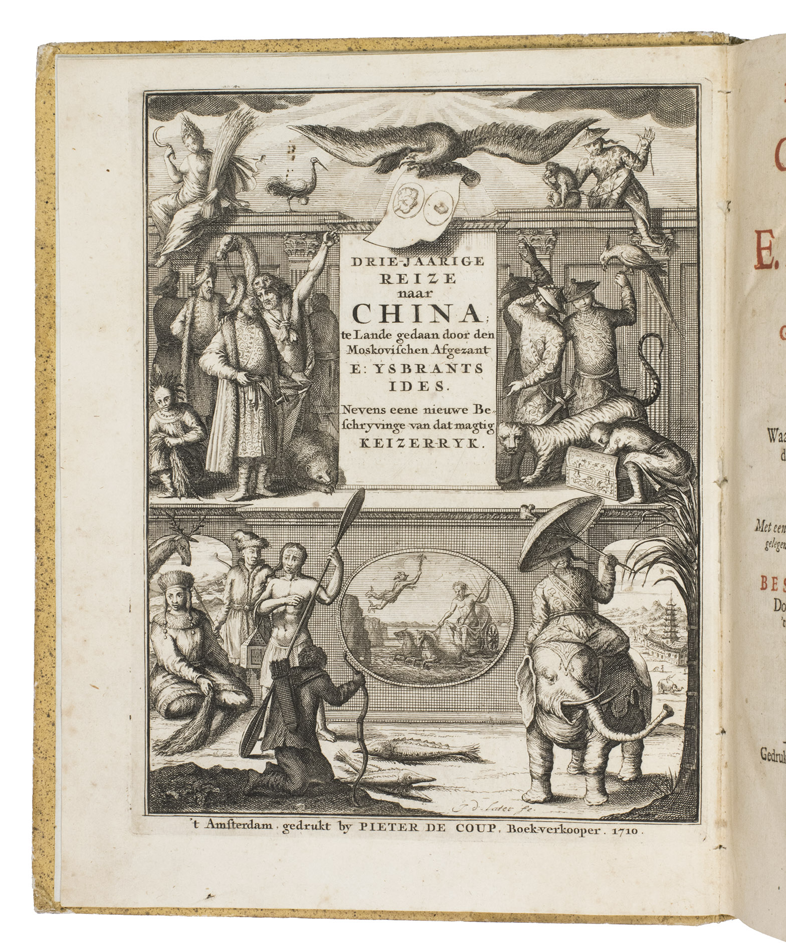 IDES, Evert Ysbrants. - Driejaarige reize naar China, te lande gedaan door den Moskovicen afgezant, E. Ysbrandts Ides...Including: KAO, Dionyzius. Korte beschrijving van ’t magtig keizerryk China …Amsterdam, Pieter de Coup, 1710. 4to. With an engraved title-page bound as a frontispiece before the typographical title-page, which is printed in red and black, a large folding map of Russia and parts of Asia, 8 folding engraved plates of cities and other views, 1 full-page engraving, and 21 half-page engravings in the text. Further with woodcut and engraved decorated initials, a large engraved head-piece at the start of the main text, 2 woodcut floral tail-pieces, and a small woodcut floral vignette on the typographical title-page. 19th-century gold-tooled light brown splattered paper with a red title-label on the spine.