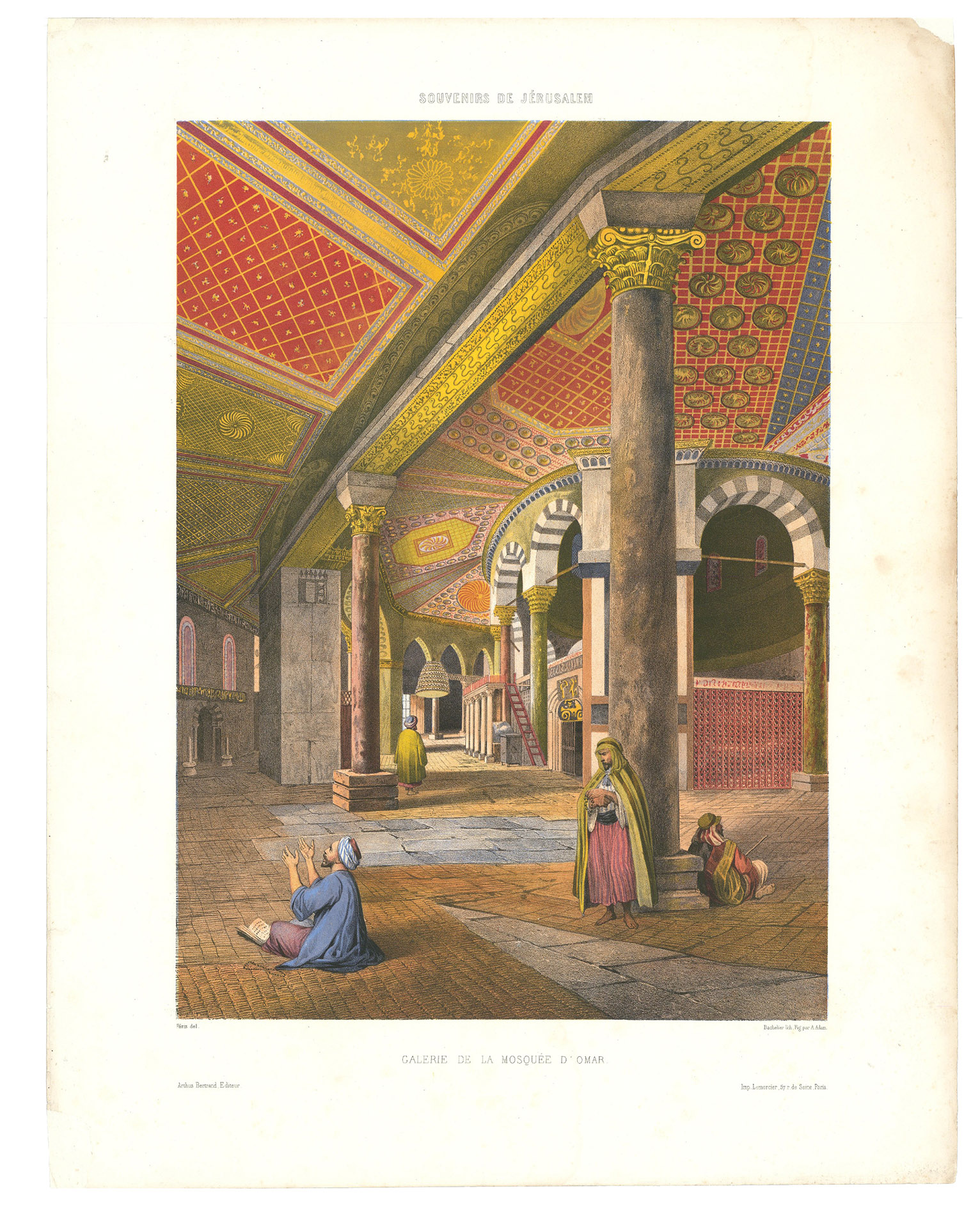 PRIS, Franois-Edmond. - Souvenirs de Jrusalem. Album dessin par M. le contre-amiral Pris ...Paris, Arthus-Bertrand, [1862]. Large folio (ca. 64 x 49 cm). With an etched and coloured vignette plan of the Church of the Holy Sepulchre mounted on the title-page and 14 lithographs, including 12 printed in colour, by Albert Adam, Charles claude Bachelier, Hubert Clerget, Charles Fichot, and Jules Gaildrau after Franois-Edmond Pris. Stored loosely, as issued, in the original paper wrapper showing the title and in a modern half brown cloth portfolio.