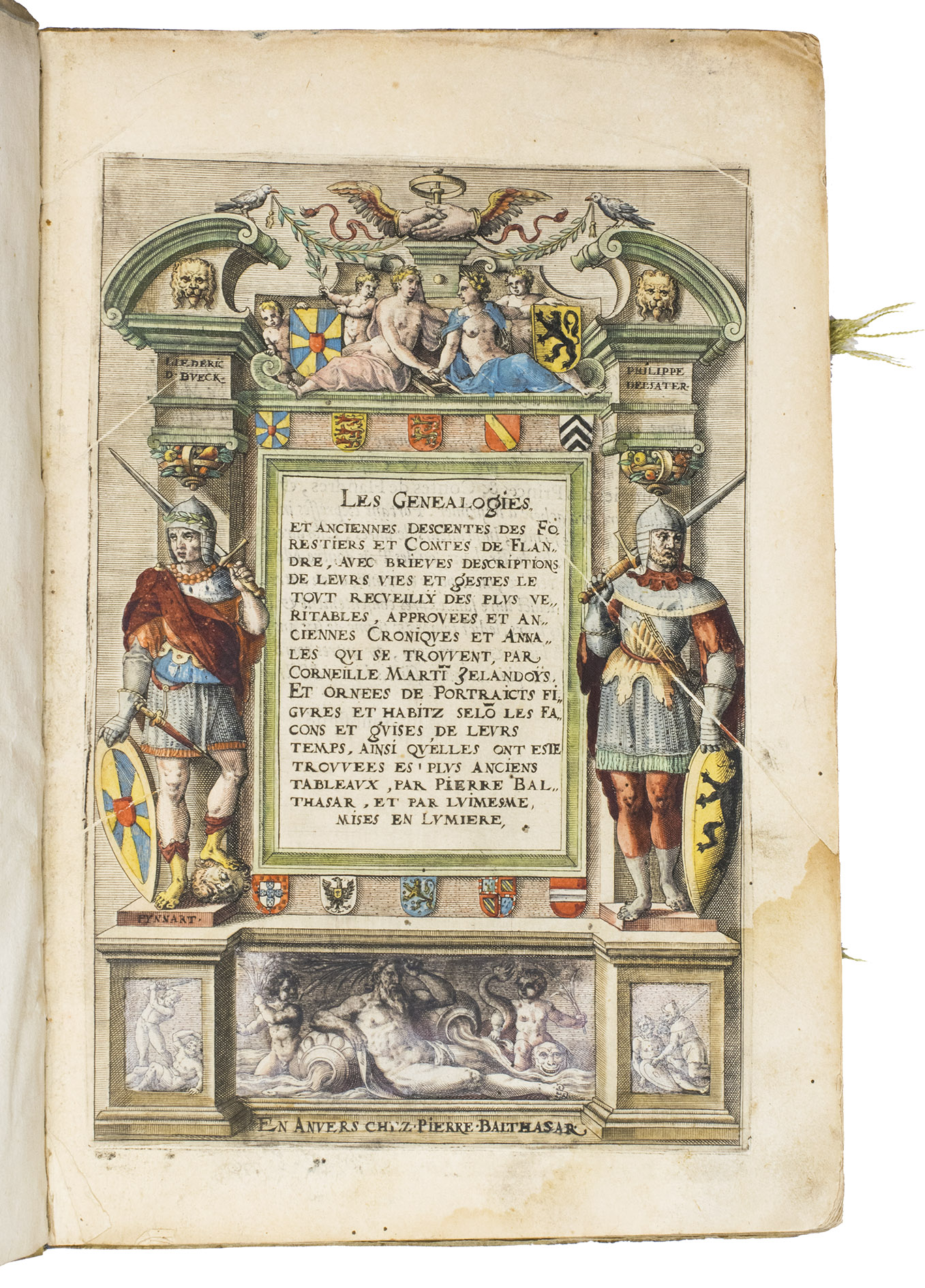 MARTIN, Cornelis and Pieter BALTEN (illustrator and publisher). - Les genealogies et anciennes descentes des Forestiers et Comtes de Flandre, avec brieves descriptions de leurs vies et gestes le tout recueilly des plus veritables, approvees et anciennes croniques et annales qui se trouvent...Antwerp, (colophon: Andre Bax for) Pierre Balthasar (also known as Pieter Balten), [1580]. Folio. With an engraved title-page, a full-page engraved plate with the dedication, a full-page engraved plate showing the coats-of-arms of the Foresters of Flanders and the counts of Flanders and a map of Flanders, a full-page engraving showing verse below an allegorical scene of death, 40 full-page engraved portraits of the Foresters and Counts of Flanders, 30 small coats-of-arms in the text, and numerous woodcut decorated initials. All illustrations (except for the initials) are expertly coloured by hand. Contemporary parchment, sewn on 4 supports laced through the joints, with remnants of green closing ties.