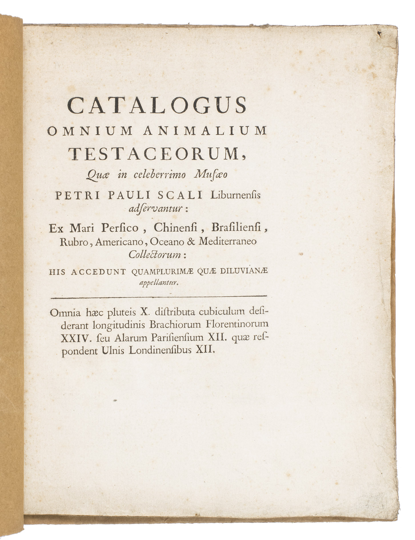 SCALI, Pietro Paolo. - Catalogus omnium animalium testaceorum.(Colophon:) Geneva, ex typographica Haer. Cramer & Fratrum Philibert, 1746. 4to. With a headpiece made up of typographical ornaments on the first page. Later brown paper wrappers, with the manuscript title and author on the front wrapper in a semi-opaque protective coated paper dust jacket.