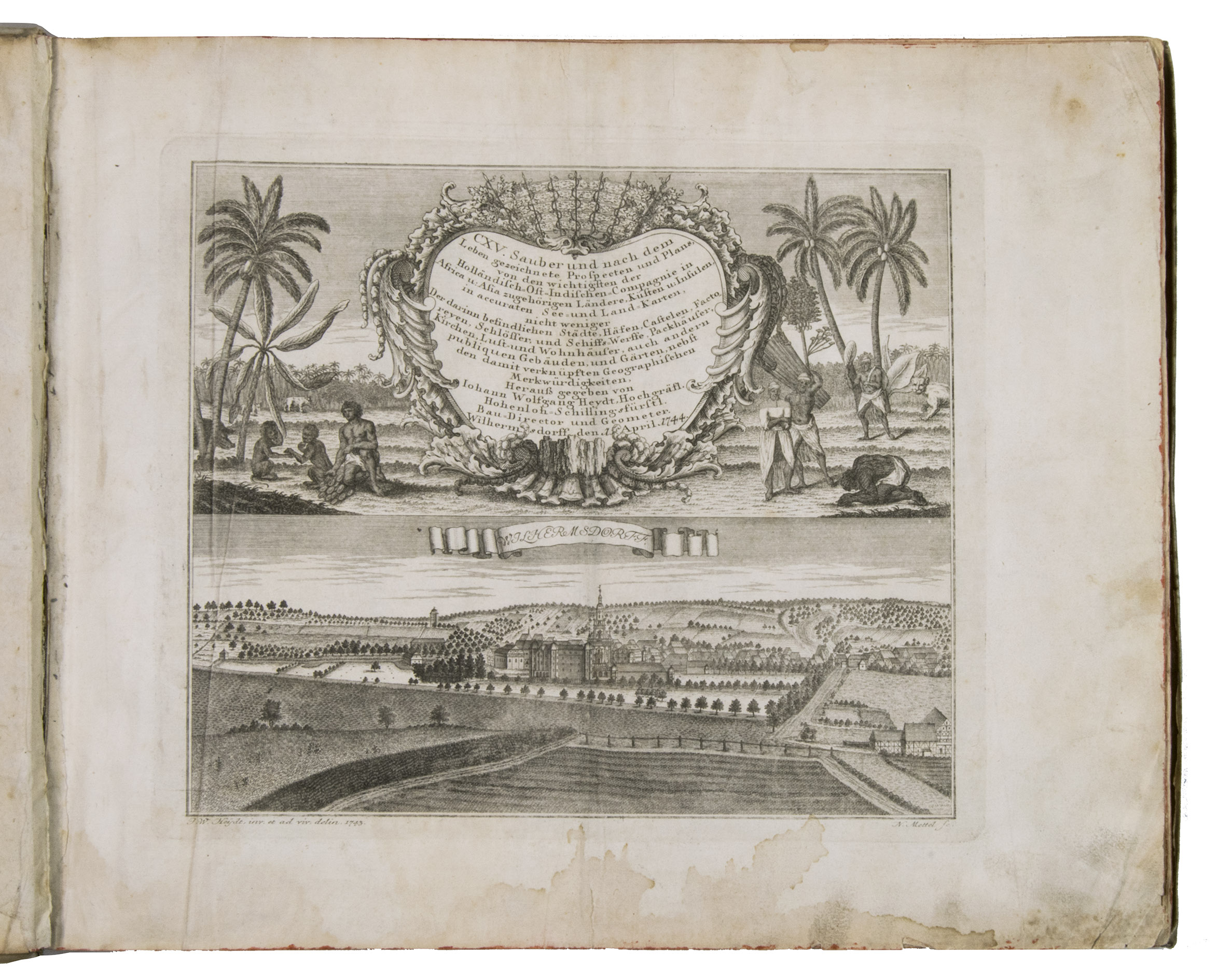 HEYDT, Johann Wolffgang. - Allerneuester Geographisch und Topographischer Schau-Platz, von Africa und Ost-Indien.Nuremberg, C. Tetschner, 1744. Oblong folio (31 x 36.5 cm). With 115 numbered engraved maps and plates, an engraved frontispiece, and an engraved title page. Contemporary vellum, with the author and title lettered in gold on the spine, red edges.