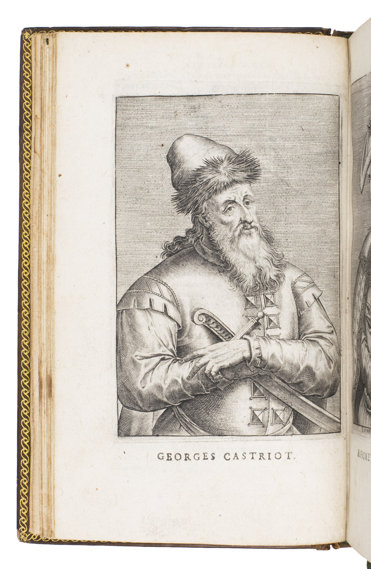 LAVARDIN, Jacques de. - Histoire de Georges Castriot, surnomm Scanderbeg, Roy d'Albanie.Paris, G. Chaudiere, 1597. 8vo. With 2 full-page engraved portraits (of Scanderbeg and Mahomet II), numerous decorated woodcut initials and woodcut headpieces, a woodcut printer's device on the title-page. Early 19th-century gold- and blind-tooled brown calf.