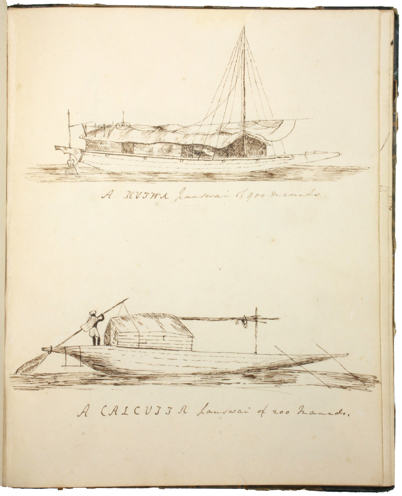 SAWYER, Cornelius, - [Drawn studies of Indian boats in an English manuscript notebook].Bengal, 1834. 4to (ca. 19 x 23.5 cm). With 31 drawings in various inks and pencil, the text is written in a cursive script in ink. The paper is watermarked 