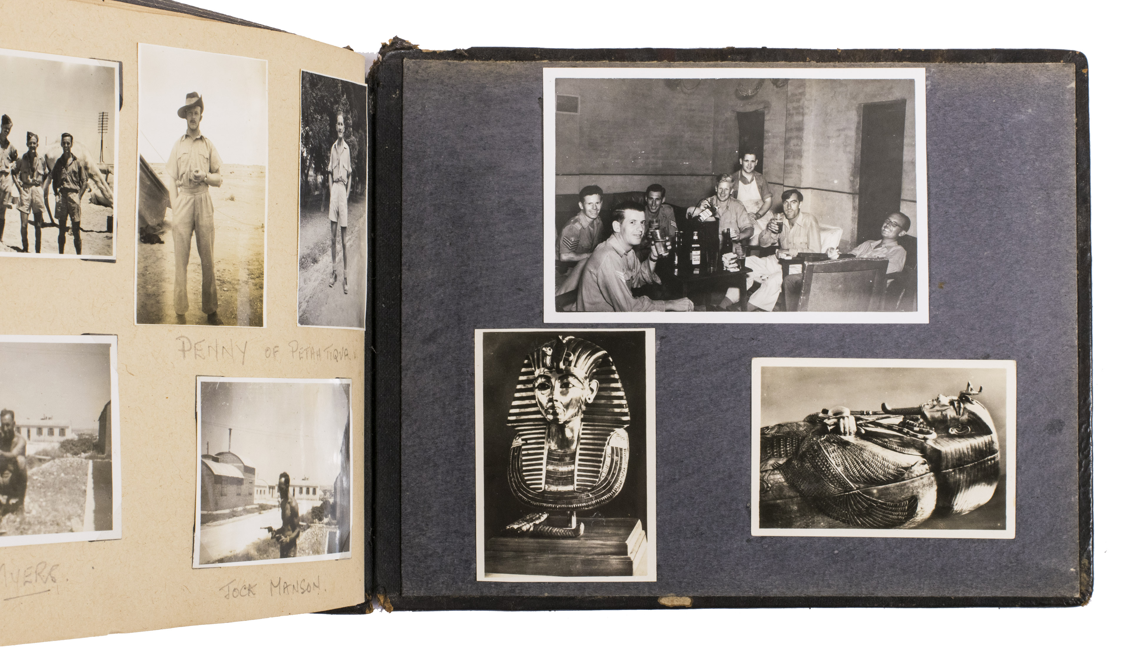 [PHOTOGRAPHY - PALESTINE - LEBANON - EGYPT]. - [Album with 128 photographs of Palestine and Lebanon].[1940s]. Oblong album (30 x 20 cm). With 128 gelatin silver prints (most ca. 6.5 x 9.5 cm). Contemporary embossed brown calf, with flowers on the front and back board, and an aluminium view of David's Tower and Jerusalem's old city wall embedded in the front board.