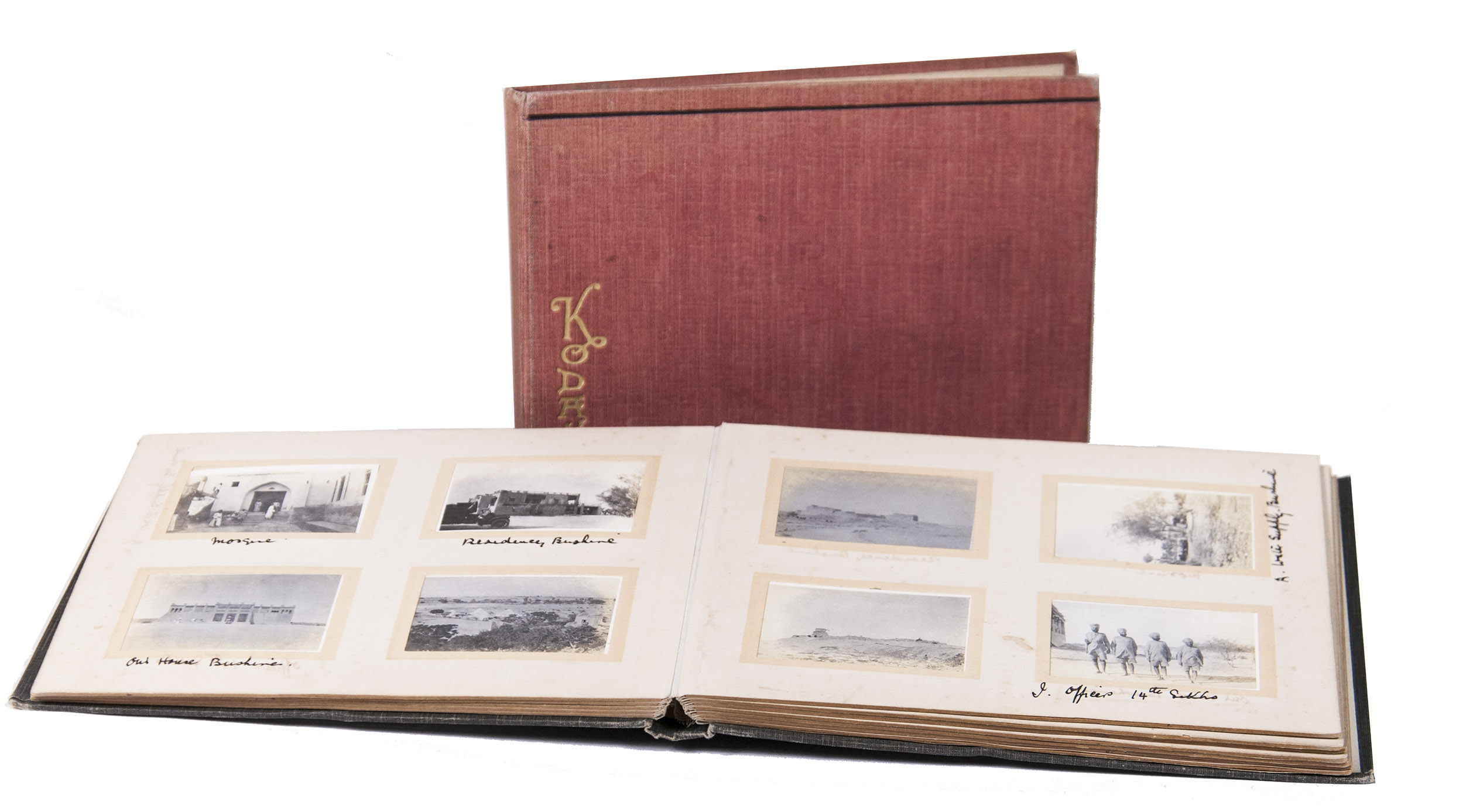 [PHOTOGRAPHY - IRAQ AND PERSIA]. - [Two photo albums of Red Sea Ports, Mesopotamia and Bushehr].[Iran and Iraq, ca. 1917-1918]. 2 volumes. Oblong 8vo (ca. 15.5 x 20 cm). With 191 (resp. 95 and 96) gelatin silver prints (all ca. 4 x 6 cm). Contemporary cloth, one album in in red and one in grey, with 'Kodak' lettered in gold on the front board, and a black classical meander border tooled near the foot. The albums are kept together by a black ribbon.