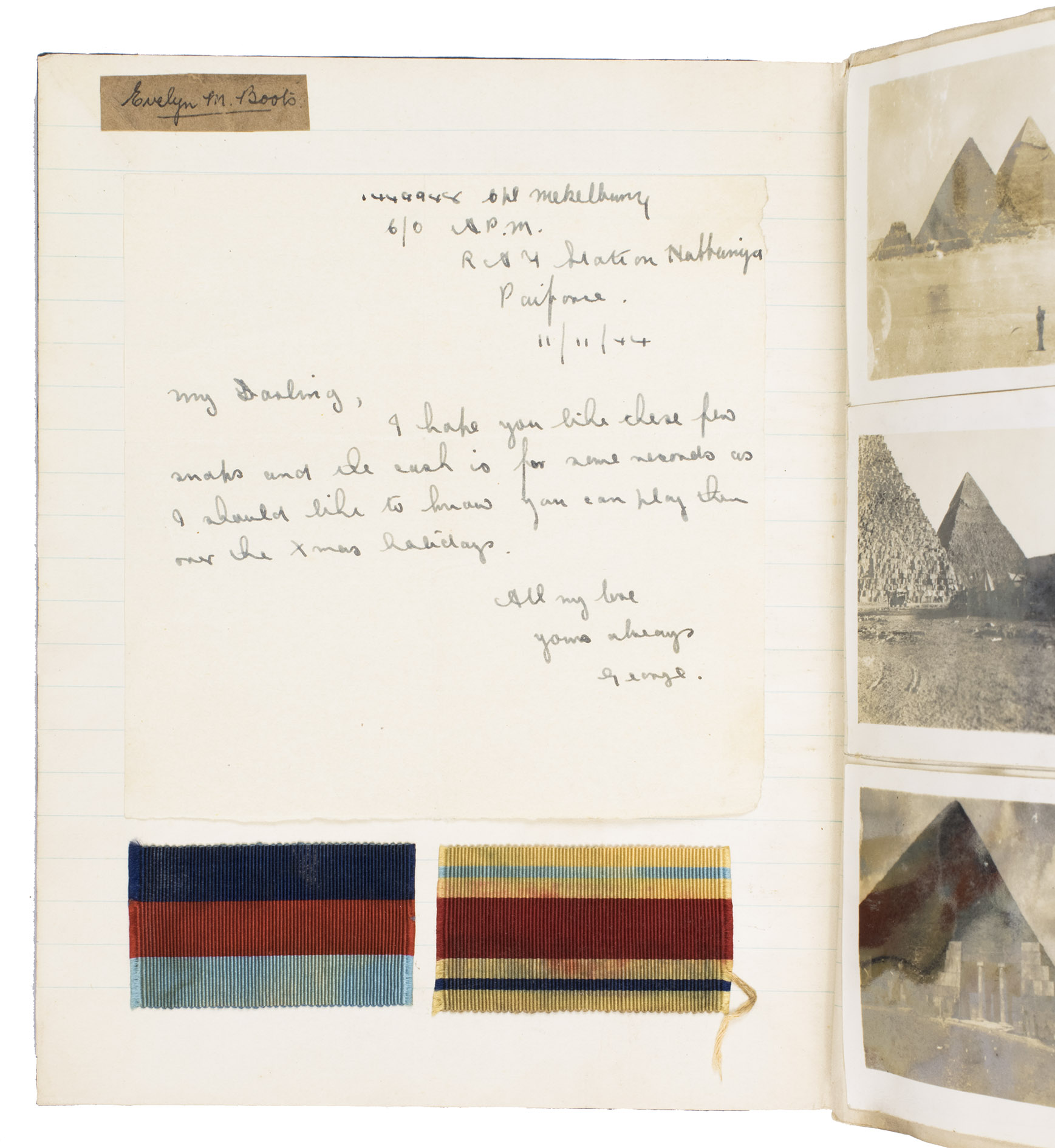 MEKELBURG, Corporal George (compiler). - [Album of 250 photographs of the Middle East].[Habbinya?, ca. 1944]. Ca. 20 x 16 cm. With 250 gelatin silver prints (various sizes), mounted on the leaves of a ruled notebook. Contemporary quarter black cloth, blue waterered paper sides, blue sprinkled edges.