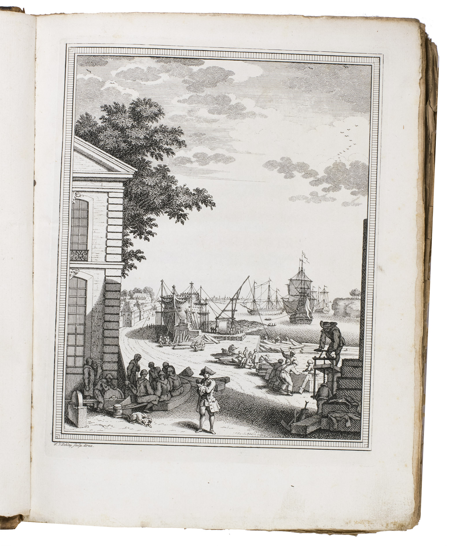 DUHAMEL DU MONCEAU, Henri-Louis. - Grondbeginselen van den scheepsbouw, of werkdadige verhandeling der scheepstimmerkunst.The Hague and Amsterdam, Ottho van Thol and Gerrit de Groot, 1759. 4to. With an engraved frontispiece, the title-page is printed in red and black with a woodcut vignette, 24 folding plates on 23 leaves, 7 folding letterpress tables, 9 engraved headpieces (1 at the start of each chapter), a woodcut illustration as a vignette on the title-page, and numerous woodcut tailpieces. Contemporary gold-tooled half brown calf.