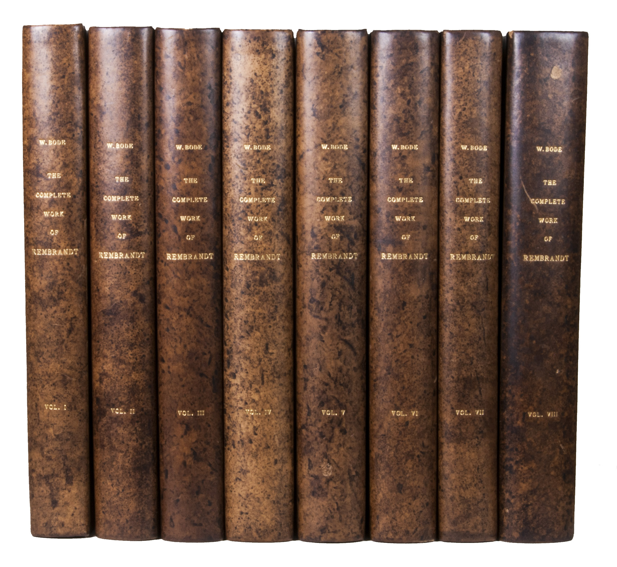 BODE, Wilhelm and Cornelis HOFSTEDE DE GROOT. - The complete work of Rembrandt. History, description and heliographic reproduction of all the master's pictures with a study of his life and his art.Paris, Charles Sedelmeyer, 1897-1906. 8 volumes. Folio. With 622 full-page photogravure plates. Later brown mottled calf, with the title and volume number lettered in gold on the spine, the original cloth front wrappers used as title-pages.