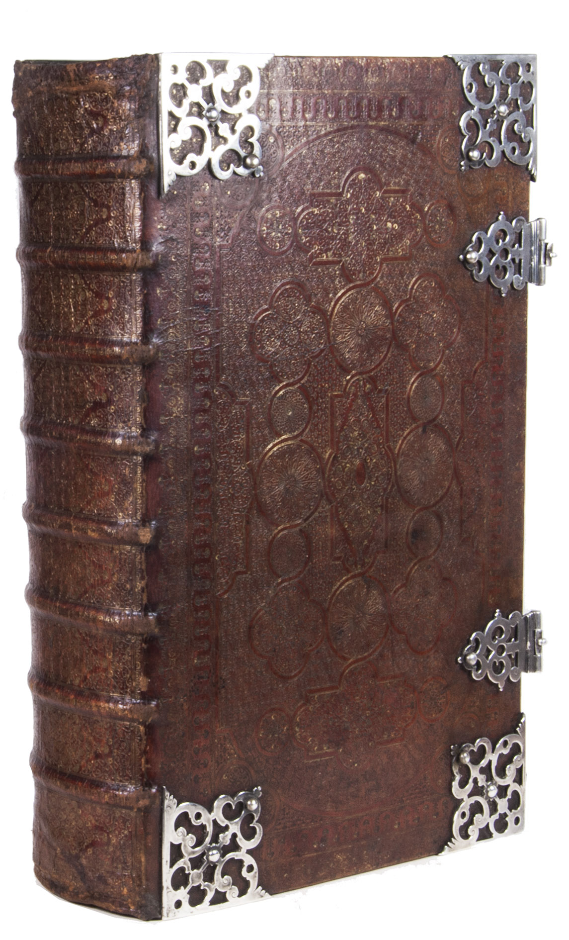 [BIBLE - DUTCH]. - Biblia, dat is de gantsche Heylige Schrifture, vervattende alle de canonijcke boecken des Ouden en des Nieuwen Testaments.Including: De boecken genaemt apocryphe ...Leiden, widow and heirs of Johannes Elzevier, 1663. 3 parts in 1 volume. Large folio (44.5 x 28 cm). With 3 letterpress title-pages (the first in red and black, and each with the same Elzevier woodcut tree device with non solus), a complete series of 6 double-page engraved maps (the Nicolaes Visscher maps, 5 published ca. 1657 and including the world map added ca. 1663), without the engraved title-page (as usual). Further with numerous woodcut initials and tailpieces. Contemporary elaborately gold-tooled red morocco over bevelled wooden boards, sewn on 8 supports with corresponding raised bands on the spine, with grand silver fittings (with the hallmarks of an unknown silversmith) dated on the inside of one of the clasps 