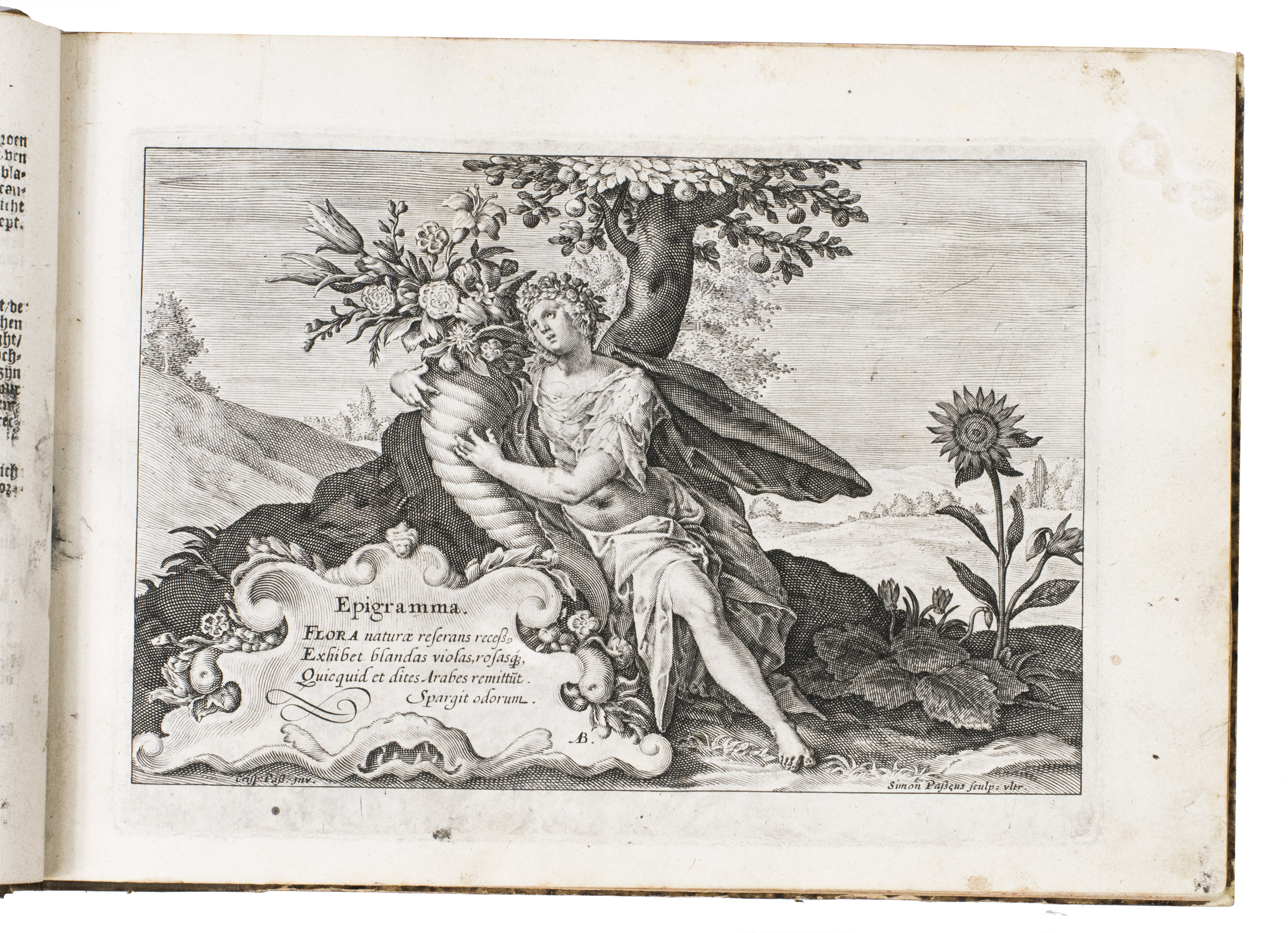 PASSE the Younger, Crispijn van de. - Den blom-hof, inhoudende de rare oft ongemeene blommen die op den tegenwoordighen tijdt by de lief-hebbers in estimatie ghehouden werden. Ghedeelt naer de vier deelen des jaers ... Noch hier by ghevoecht de manier soomen dese bloemen naer haer eyghen coleuren ofte verven sal illumineren ofte afsetten ...Utrecht, for Crispijn van de Passe, 1614. 2 parts in 1 volume, the first in 4 sections. Oblong folio (ca. 18.5 x 26.5 cm). With a full-page plate of Flora embracing the cornucopia in a landscape with an epigram by Arnoldus Buchelius in a cartouche in the left hand corner, engraved by Simon van de Passe after Crispijn van de Passe, 2 different frontispieces (both appearing twice) of ideal gardens full of flowers, and 174 full-page engraved plates of flowers, fruits, fruit trees, and medicinal plants, mainly by Crispijn van de Passe the Younger, 3 by his brother Willem van de Passe. Later half calf, decorated paper sides, gold-tooled spine, and red sprinkled edges.