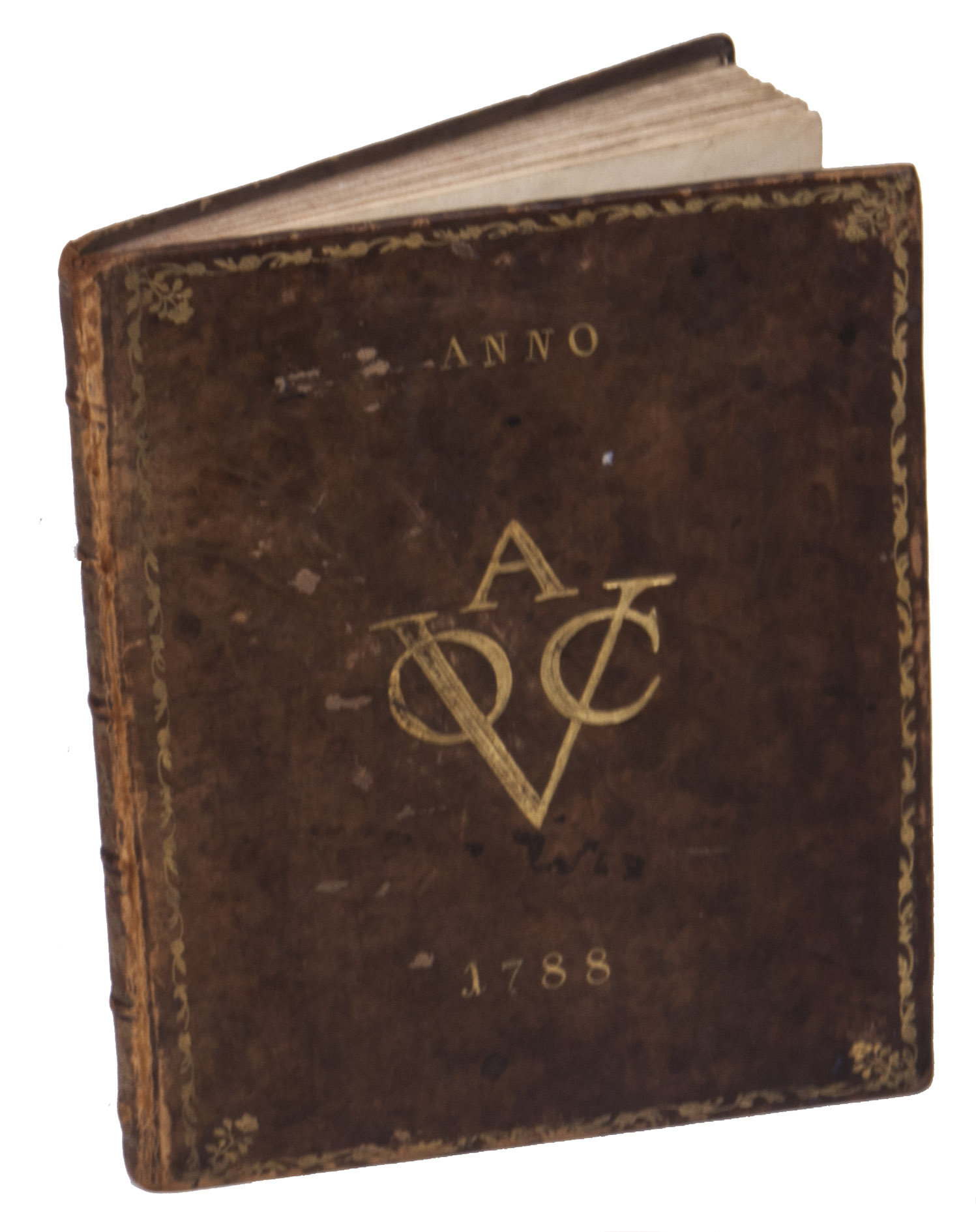 DAM, Meyndert Dirksz. van. - D'erven Stichters comptoir almanach, op t schrikkel-jaar onses heeren Jesu Christi, 1788 ...Amsterdam, the heirs of the widow of Cornelis Stichter, [1788]. 4to. With the title-page and 23 calendar pages printed in red and black, a half-page woodcut vignette (depicting Father Time pointing at an armillary sphere) by Hendrik Numan on the title-page and 12 half-page woodcut illustrations for the 12 months (each ca. 7 x 11 cm) by Hendrik Numan, nearly all signed in the block (including two dated 
