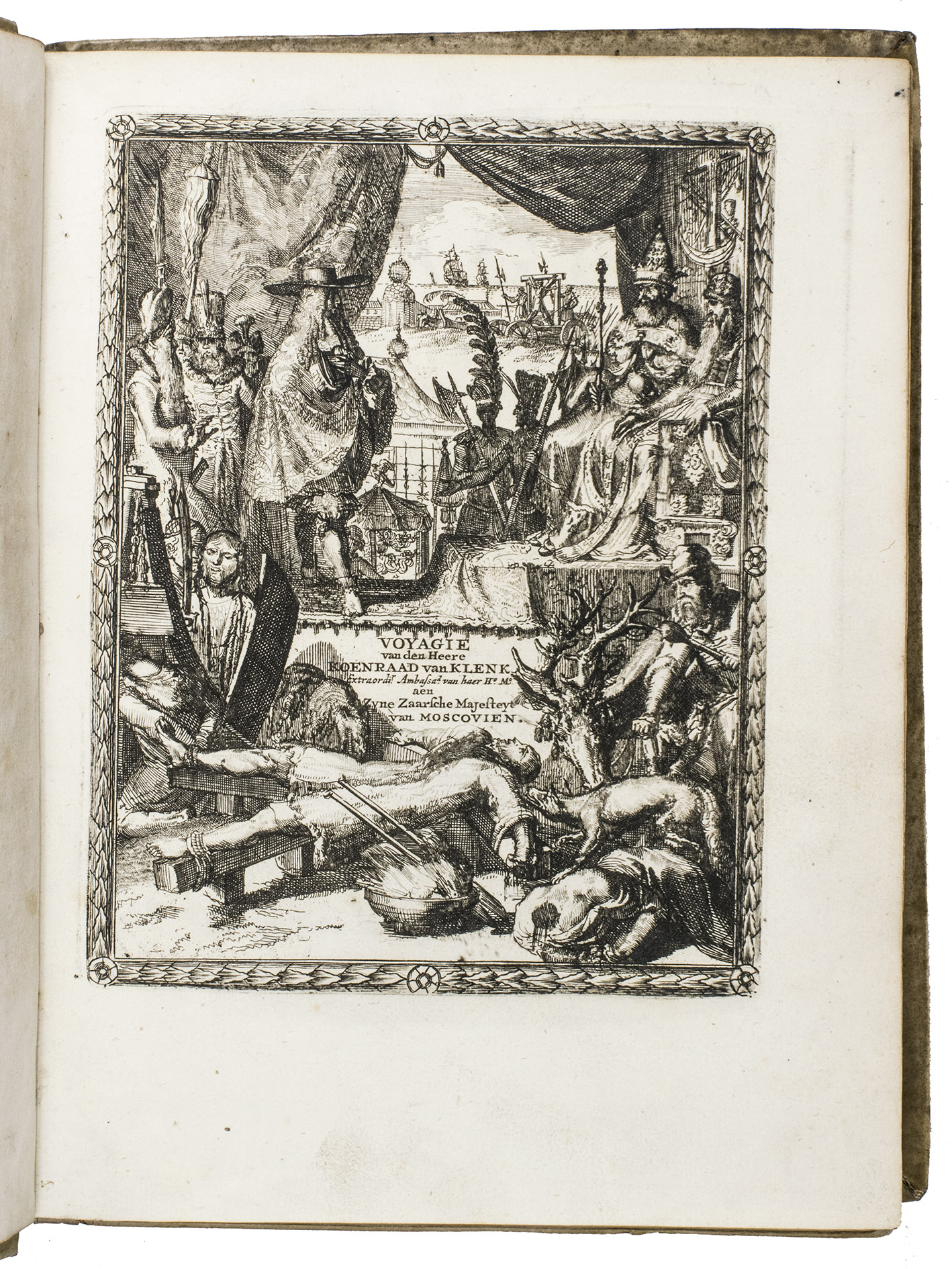 [COYETT, Balthasar and Coenraad van KLENCK]. - Historisch verhael, of beschryving van de voyagie, gedaen onder de suite van den heere Koenraad van Klenk ... en sijn hoogheyt den heere Prince van OranjeAmsterdam, Jan Claesz. ten Hoorn, 1677. 4to. With an etched frontispiece and 6 double-page etched plates. Contemporary vellum, sewn on 4 supports laced through the joints, with the manuscript title at the head of the spine.