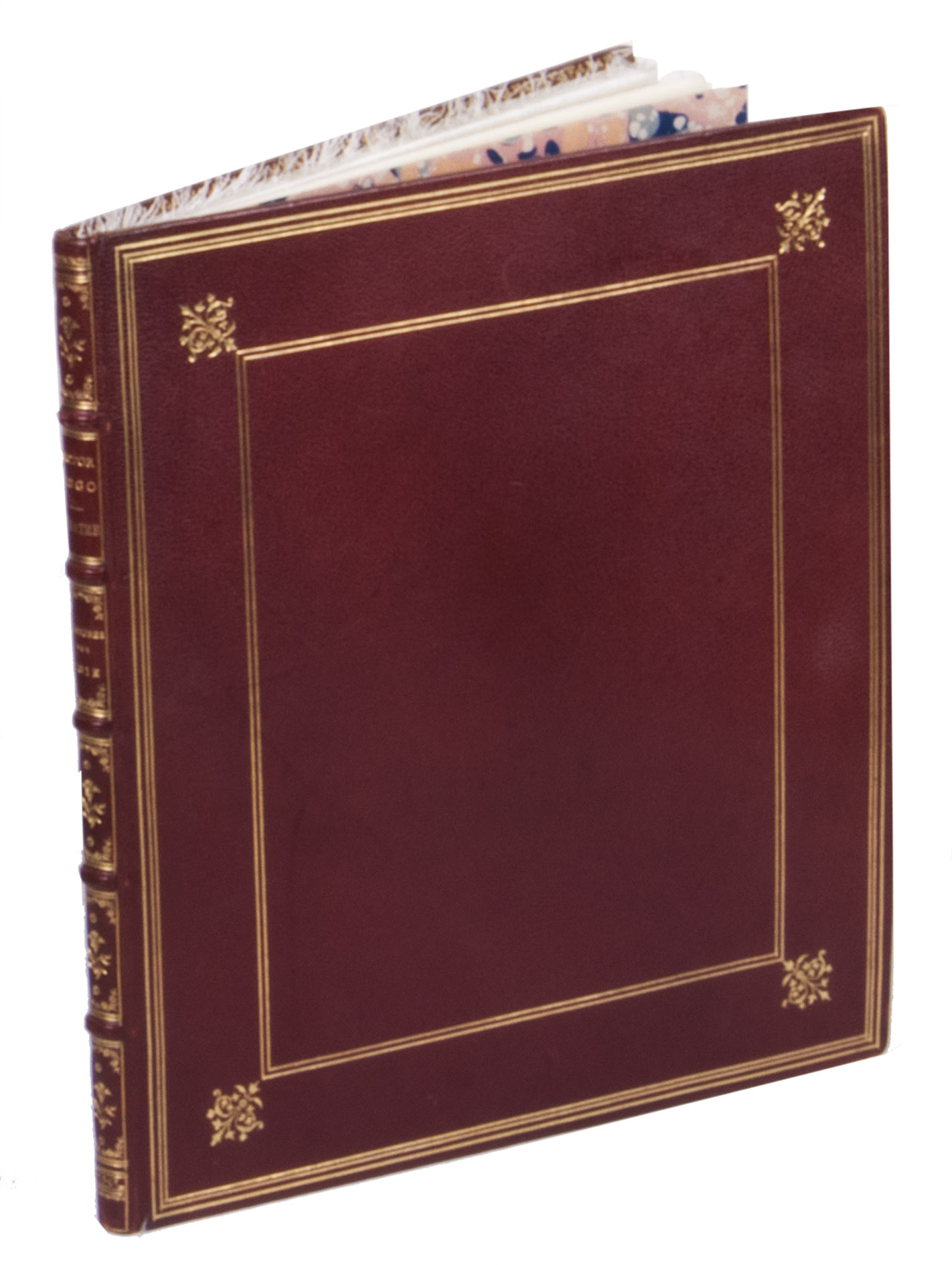 [HUGO, Victor]. - [Thatre. Gravures sur soie].[Paris, J. Lemmonyer, G. Richard and Cie, E. Testard, between 1885-1895]. 4to (ca. 27 x 24.5 cm). With 30 full-page engravings on silk. Contemporary gold-tooled red morocco, with the title and author lettered in gold on the spine, gold-tooled board edges and turn ins, marbled end papers. Bound by the French bookbinder Louis Gutant (1848-1936), signed in the bottom turn in of the front board.