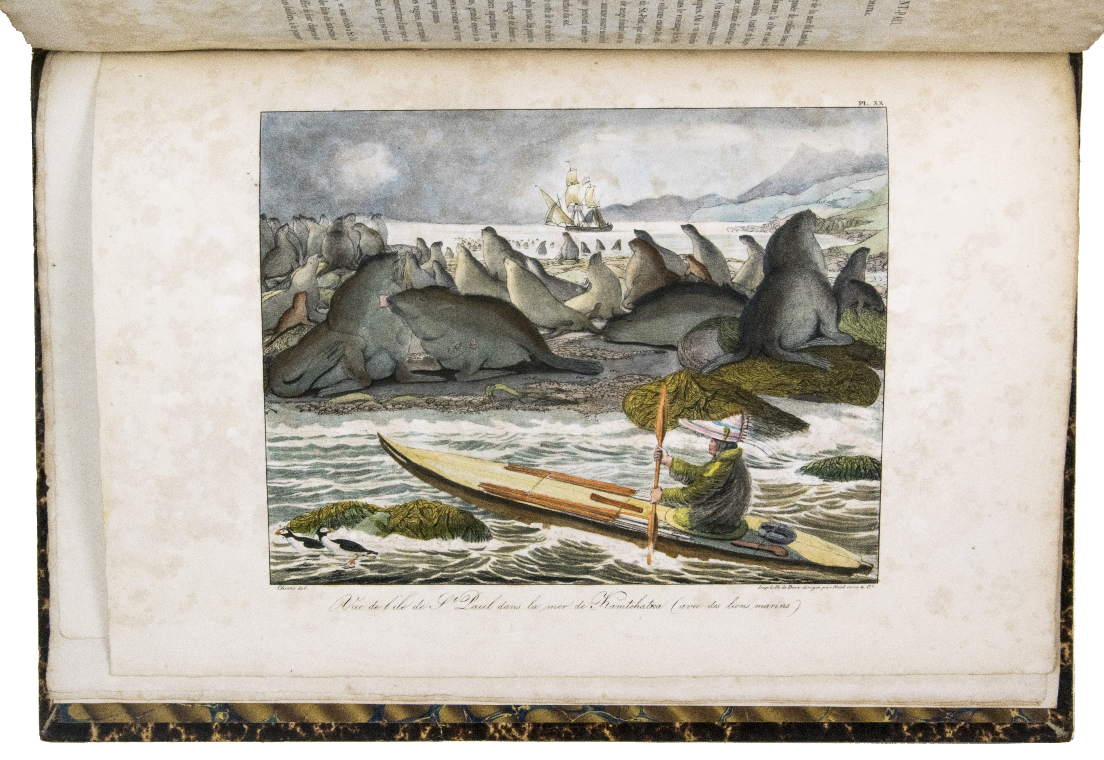CHORIS, Louis. - Vues et paysages des rgions quinoxiales, recueillis dans un voyage autour du monde.Paris, Paul Renouard, 1826. Folio (ca. 45 x 30 cm). With 24 hand-coloured, full-page, numbered lithographic plates. Contemporary blind-tooled quarter brown goat leather, with the title and author lettered in gold on the spine, brown marbled paper sides, marbled end papers.