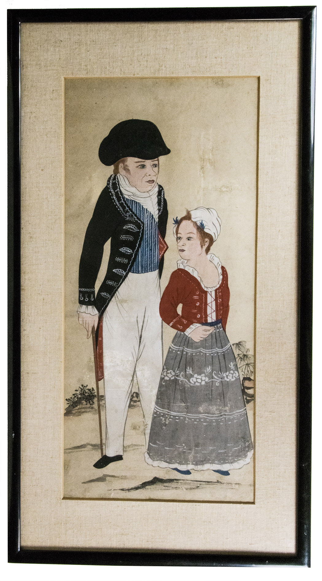 [WATERCOLOUR - JAPANESE - DESHIMA]. - [Portrait of Jan Cocq Blomhoff and his wife Titia Bergsma on Deshima, Japan].[Japan, ca. 1817 or later]. Drawing size ca. 56.5 x 25.5 cm; frame size ca. 74.5 x 40.5 cm. Watercolour and ink drawing, partly highlighted with white water paint and gouache, on paper. In a passepartout and framed.