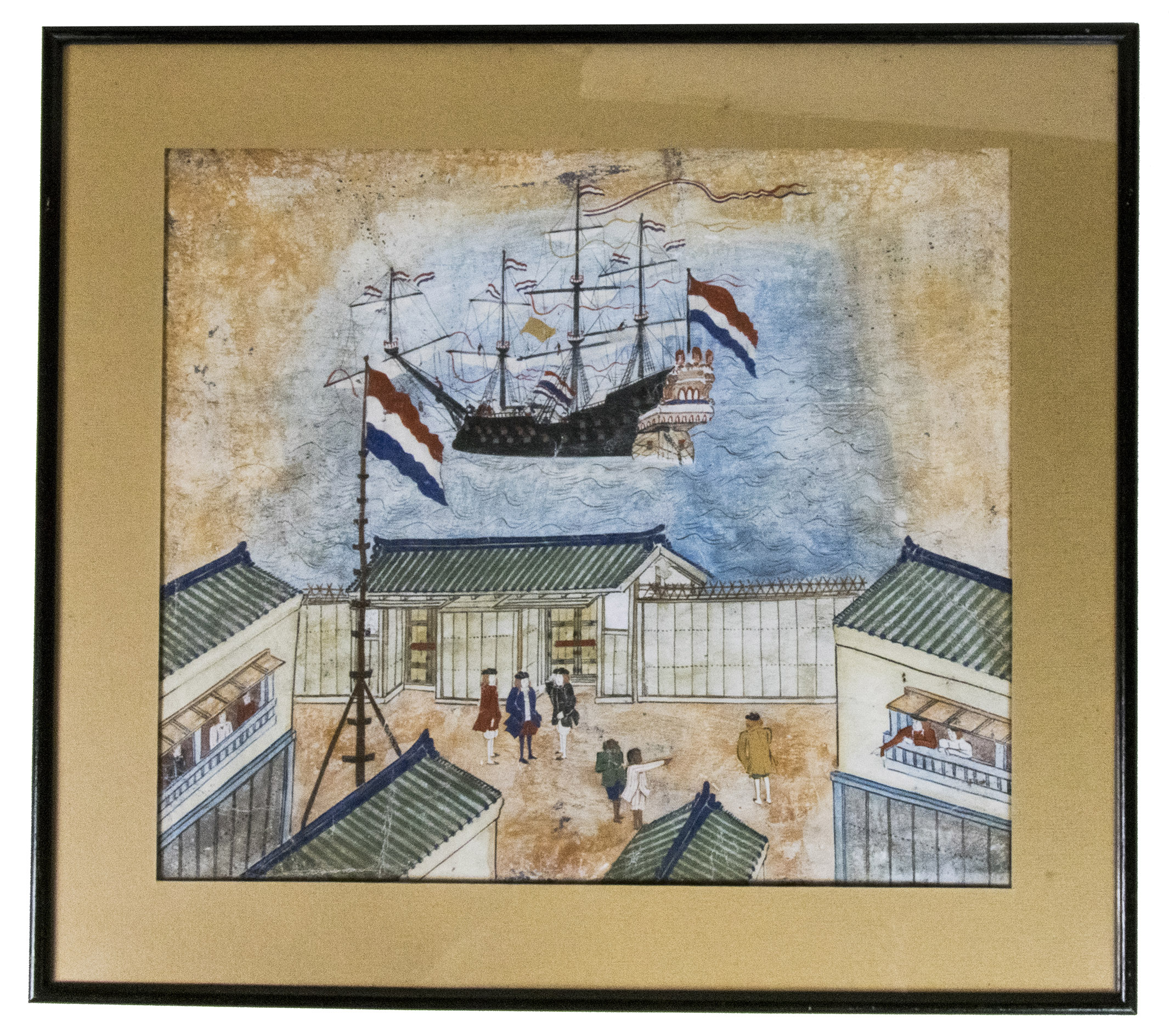 [PAINTING ON LEATHER - JAPANESE - DESHIMA]. - [A birds-eye view of the Dutch trading post on Deshima, Japan with in the background a Dutch three-master anchored in Nagasaki Bay].[Japan, before 1800]. Drawing size ca. 34 x 39.5 cm; frame size ca. 46 x 51 cm. (Oil?) painting on leather. In a passepartout and framed.