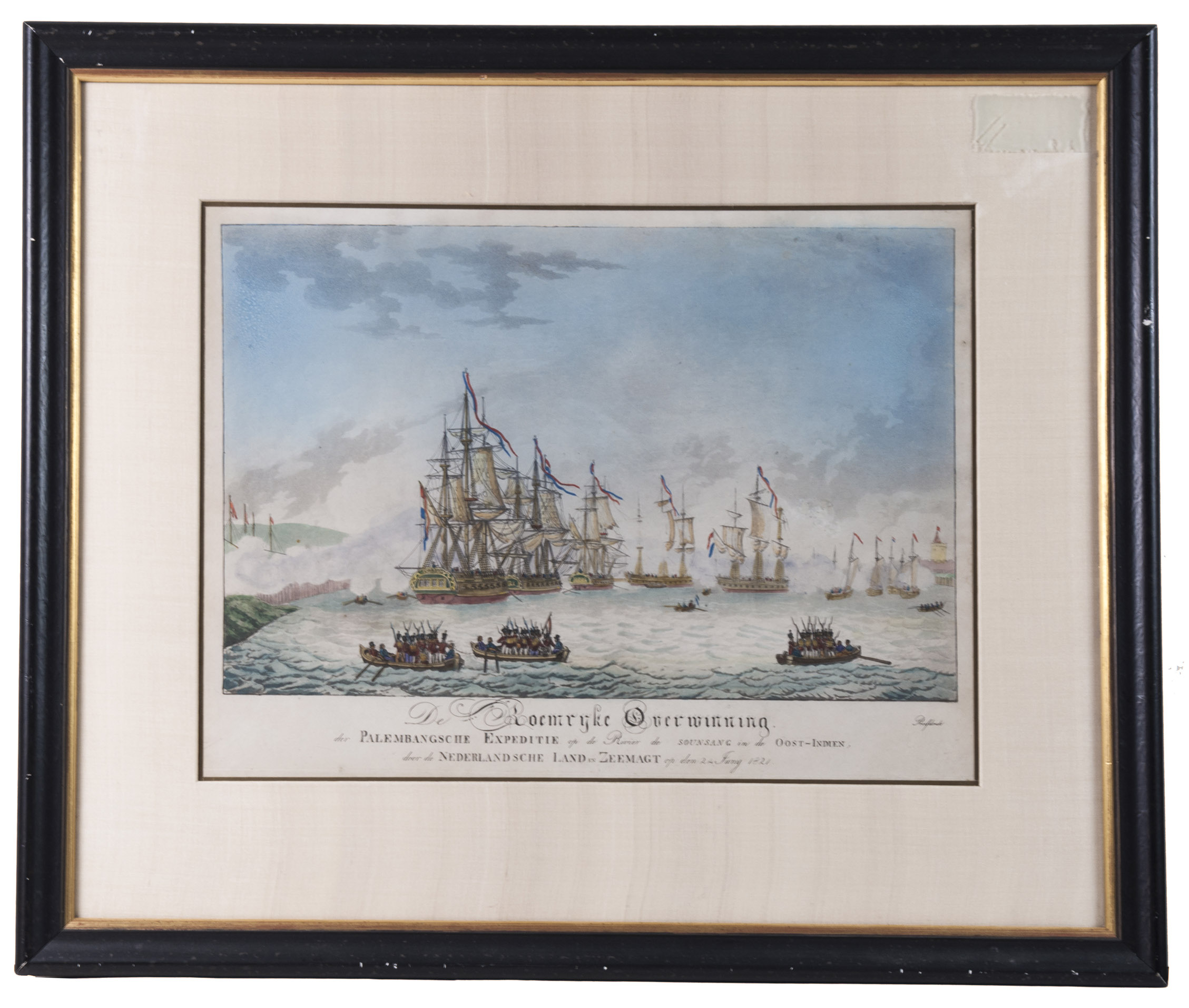 [LUTZ, J.A. (engraver) and Haatje Pieters OOSTERHUIS (draughtsman)]. - De roemryke overwinning, der Palembangsche expeditie op de rivier de Sounsang in de Oost-Indien, door de Nederlandsche land en zeemagt op den 24 Juny 1821.[Amsterdam, Js. Groenewoud, ca. 1822].With: (2) IDEM. Het naar boord brengen, van den Sultan Machmoed Badaroedin naar Z: M: Schooner de Johanna op de rivier de Sousang in de Oost-Indien op den 27 Junij 1821, na de roemrijke overwinning der Palembangsche expeditie.[Amsterdam, Js. Groenewoud, ca. 1822]. Plate size ca. 32.5 x 43.5 cm. Two hand-coloured aquatint plates with engraved Dutch title and 