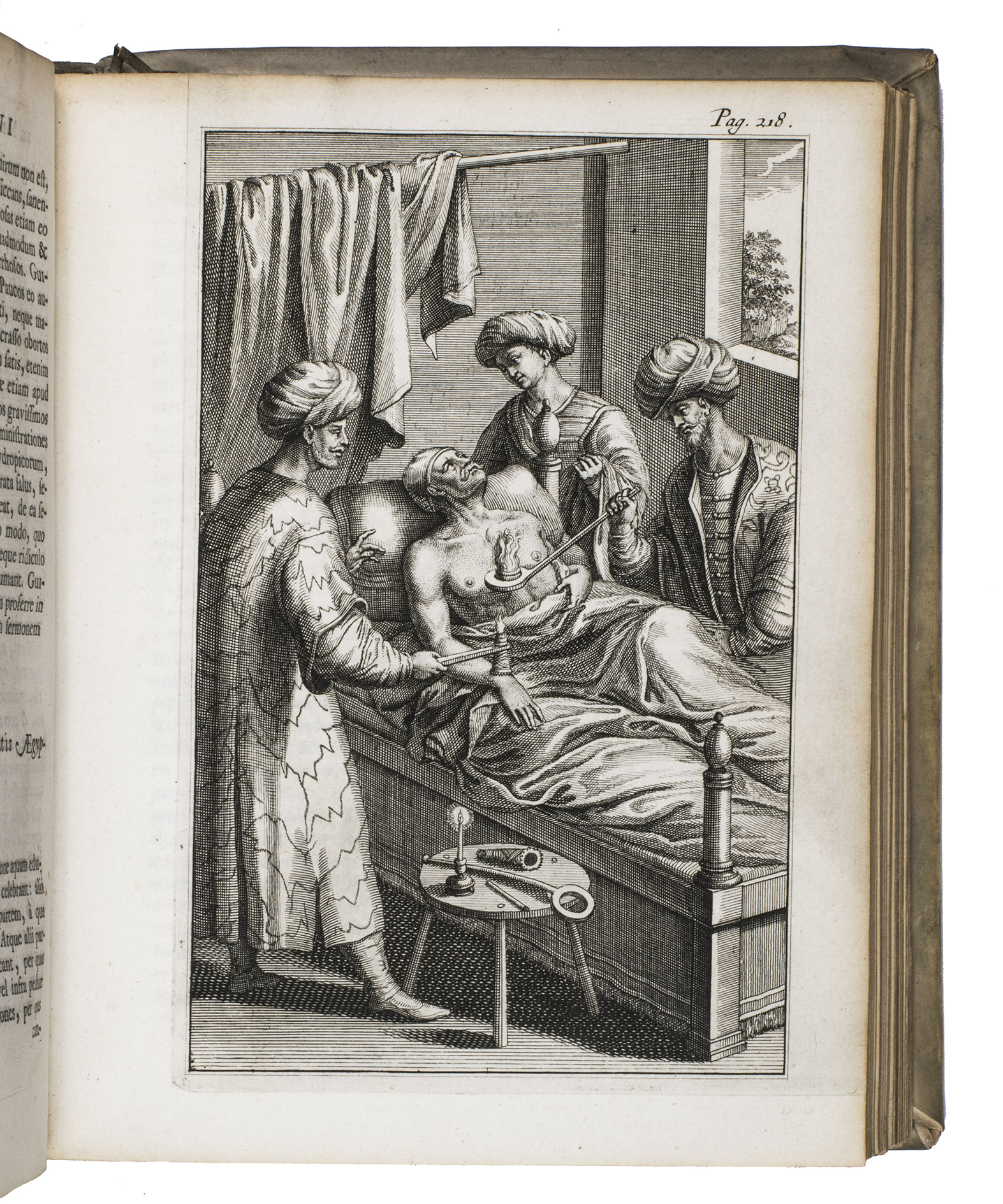 ALPINUS, Prosper and Jacob de BONDT. - Medicina Aegyptiorum. Accessit huic editione ejusdem auctoris liber de balsamo ut et Jacobi Bontii medicina Indorum. Editio nova.Including: (2) ALPINUS, Prosper. De balsamo dialogus.Leiden, Cornelis Boutesteyn, 1718.(3) BONTIUS, Jacobus. De medicina Indorum.Leiden, Cornelis Boutesteyn, 1718.(4) ALPINUS, Prosper. De rhapontico.Leiden, ex officina Boutesteiniana, 1718.Leiden, ex officina Boutesteiniana, 1718-1719. 4 parts in 1 volume. 4to. With a general title page printed in red and black, 7 engravings (1 folding, 5 full-page, 1 in the text), divisional titles for each part with an engraved vignette, 18 decorated woodcut initials, 13 woodcut headpieces, and 12 woodcut tailpieces. Contemporary vellum with the manuscript title on the spine, red and blue sprinkled edges.