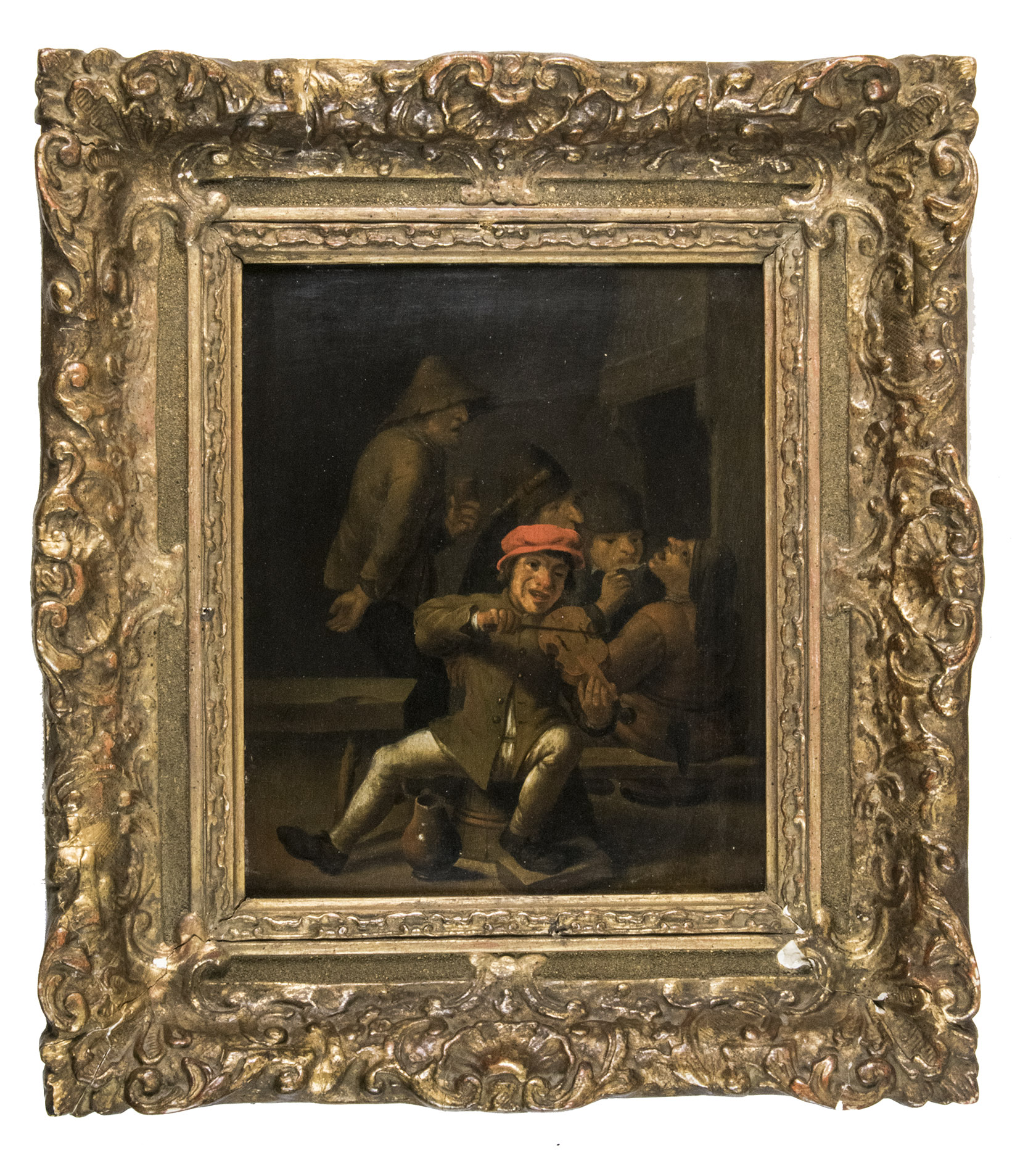 [MOLENAAR, Jan Miense (attributed), after Adriaen BROUWER]. - [Tavern scene with five farmers singing and making music].[Ca. 1635-1640]. Painting: 25.2 x 20.7 cm.; grame 39.5 x 34.5 x 5 cm. Painting, oil on oak panel with bevelled edges. In a richly modelled gilt frame.