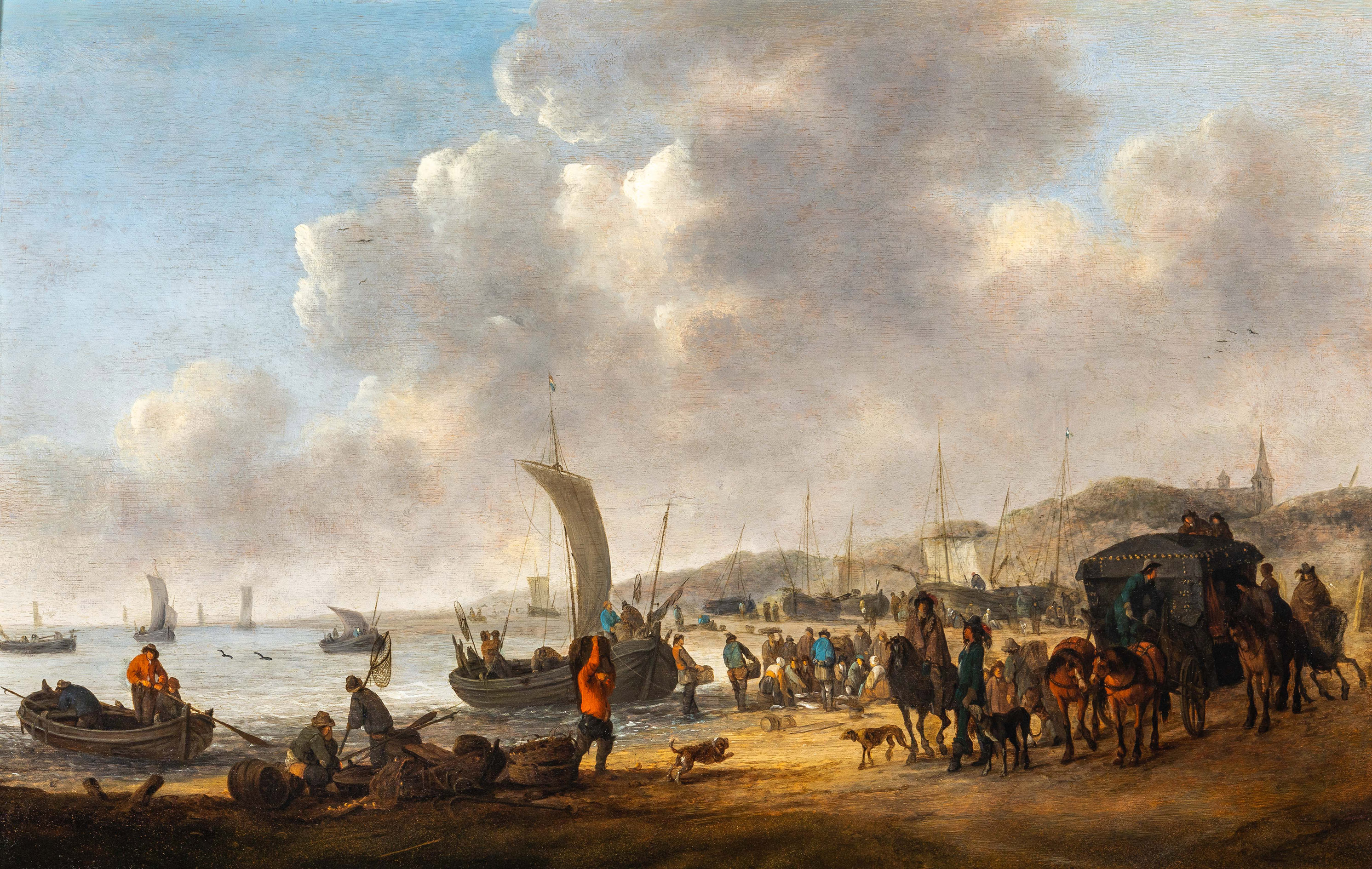 MEIJER, Hendrick de. - [Fishermen bringing in their catch on a crowded beach, with the church of Scheveningen in the background].[Scheveningen, Hendrick de Meijer, ca. 1670]. 49.5 x 78 cm. Oil on oak panel. Mounted in a wooden frame with gilded stucco (70 x 98 cm).
