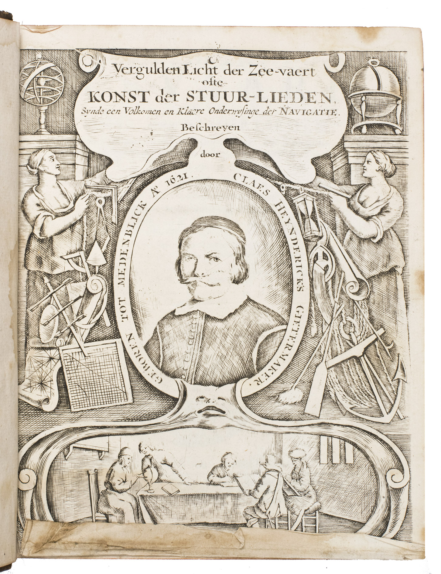 GIETERMAKER, Klaas Hendriksz. - 't Vergulde licht der zee-vaard, ofte konst der stuurlieden.Amsterdam, Johannes II van Keulen [frontispiece: Gerard van Keulen], [not before 1742, ca. 1747?].With: (2) [VOOGHT, Claas Jansz.]. De taeffelen der sinuum, tangentium en secantium, ofte der hoekmaaten, raecklijnen en snijlijnen.Amsterdam, Johannes II van Keulen, [late 17th, early 18th century].(3) [Drop-title:] De tafel des aardryks breeten en langten, der voornaamste zee-plaatsen des bekenden aardbols.Amsterdam, Johannes II van Keulen, [late 17th or early 18th century]. 3 works in 1 volume, the first in 4 parts. 4to. Contemporary gold-tooled mottled brown calf.