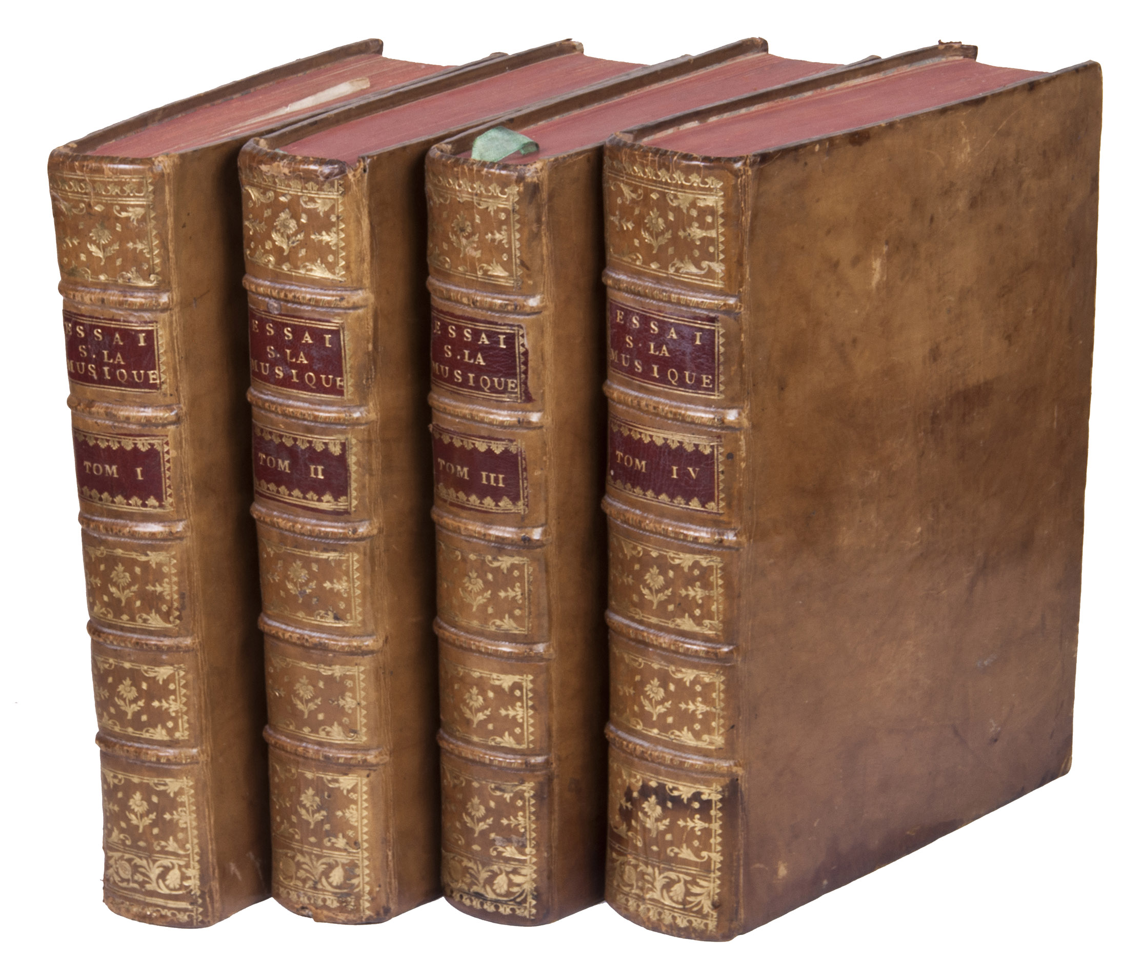 LA BORDE, Jean-Benjamin de. - Essai sur la musique ancienne et moderne.Paris, printed by Denys Pierres and sold by Eugne Onfroy, 1780-1781. 4 volumes. 4to. With 463 engraved plates (including several folding), 3 folding letterpress tables, an engraved vignette on each title-page, letterpress music notes, and numerous engraved head- and tailpieces. Including: Mmoires sur les proportions musicales, le genre namonique des Grecs et celui des modernes ... Supplment a l'essai sur la musiqueContemporary gold-tooled calf.