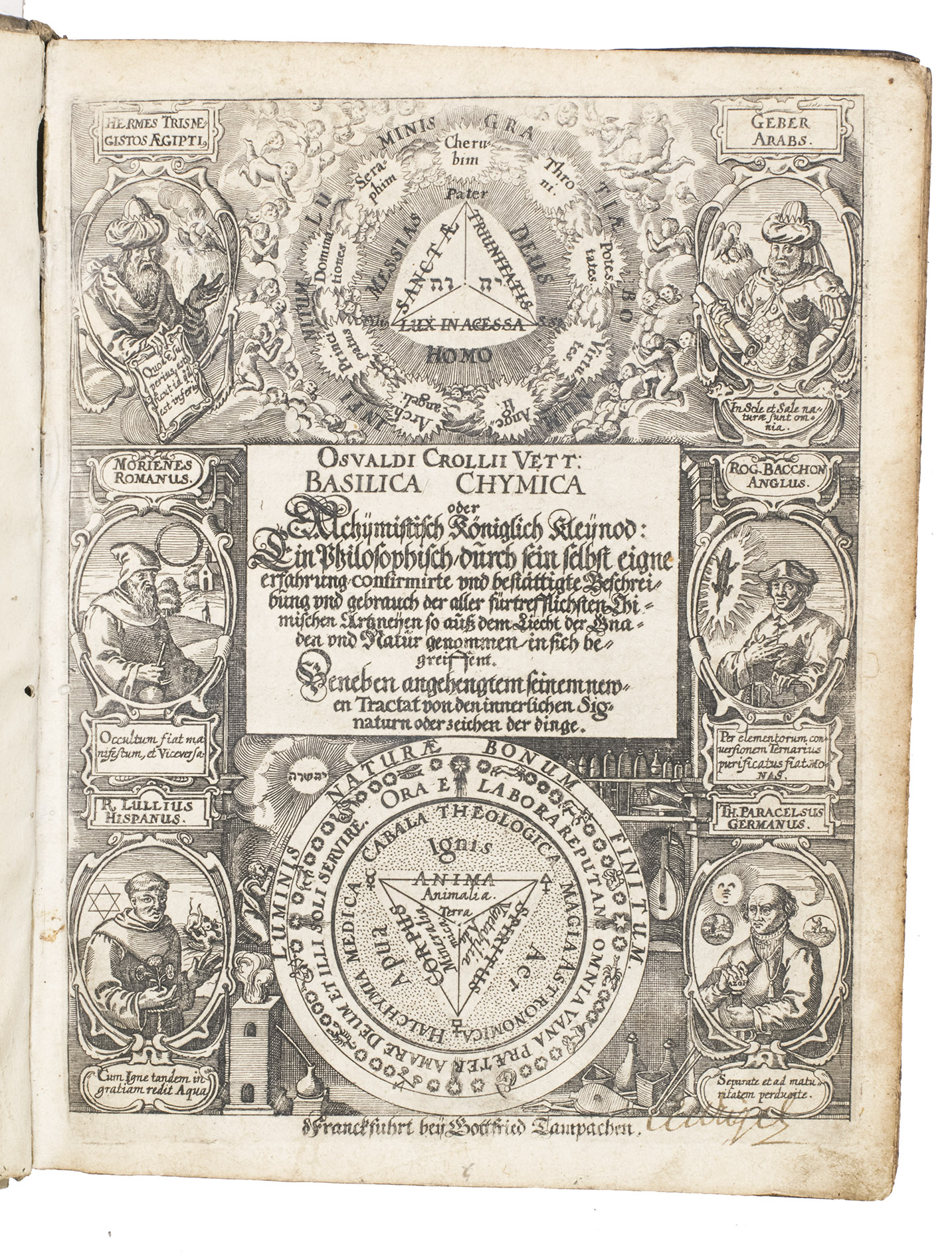 CROLL, Oswald. - Basilica chymica oder alchymistisch kniglich Kleynod: ein philosophisch durch sein selbst eigne Erfahrung confirmirte und bestttigte Beschreibung und Gebrauch der aller frtrefflichsten chimischen Artzneyen so auss dem Liecht der Gnaden und Natur genommen in sich begreiffent. Beneben angehengtem seinem newen Tractat von den innerlichen Signaturn oder Zeichen der Dinge.Frankfurt am Main, printed by Caspar Rtel for Gottfried Tampach, [1629]. 2 parts in 1 volume. 4to (ca. 21.5 x 16.5 cm). With a richly engraved title page designed by Aegidius Sadeler, with circular alchemical diagrams at the top and below (the one below surrounded by alchemical equipment) and portraits of 6 famous alchemists in oval scrollwork cartouches (3 on either side), further with 5 small woodcut illustrations in the text (depicting alchemical instruments). All text is set within a printed single or double fillet frame. Contemporary blind-tooled vellum.