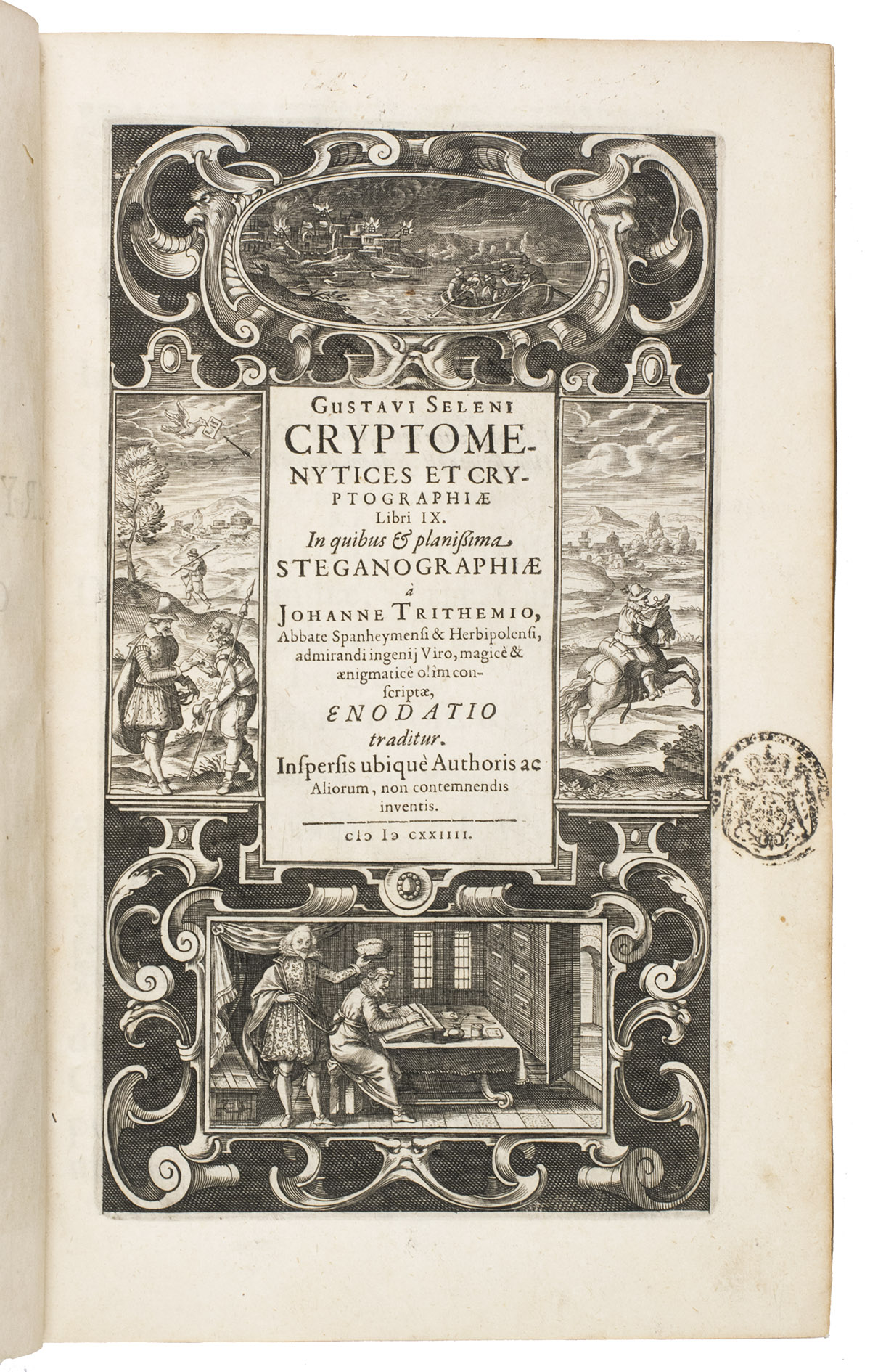 SELENUS, Gustavus (pseudonym of Augustus II, Duke of Brunswick-Lüneburg). - Cryptomenytices et cryptographiae libri IX. In quibus & planissima Steganographiae à Johanne Trithemio ...(Colophon:) Lüneburg, printed for the author by Johann and Heinrich Stern, 1624. Small folio (ca. 29 x 18.5 cm). With the title set within an elaborately engraved pictorial border, a full-page engraving, a half-page engraving, an engraved illustration in the text, and a folding letterpress table. Further with numerous woodcut or letterpress diagrams, tables, and musical scores in the text, a woodcut printer’s device on verso of the final leaf, woodcut and typographical head- and tailpieces, and woodcut decorated initials. Modern overlapping vellum, sewn on 3 supports laced through the joints, with the manuscript title in black ink on the spine.