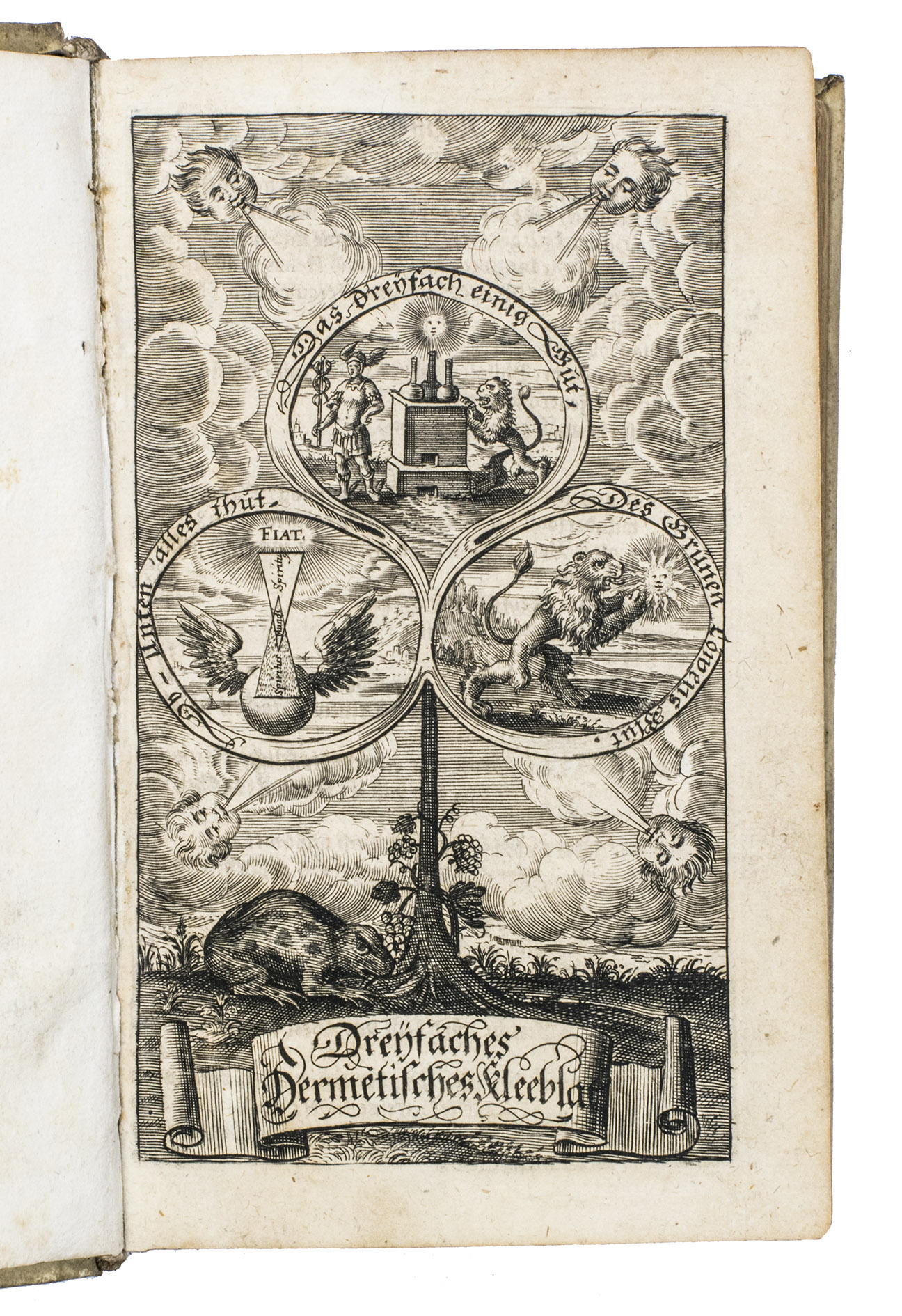 MONTE CUBITI, Vigilantus de (pseudonym of translator). - Dreyfaches Hermetisches Kleeblat.Including:(1) NUISEMENT, Clovis Hesteau de. Tractat von dem waaren geheimen Saltz der Philosophorum, und von dem allgemeinem Geist der Welt.(2) NORTON, Samuel. Mercurius redivivus ...; Catholicon physicorum ...; Venus vitriolata, in elixir conversa ...; Elixir seu medicina vitae ...; Saturnus saturatus dissolutus & coelo restitutus ...; Metamorphosis lapidum ignobilium in gemmas quasdam pretiosas ...; Alchymiae complementum, et perfectio ...; Ein Tracttlein welches von den Philosophischen Schrifften handlet ...(3) FICINO, Marsilio. Bchlein vom Stein der Weisen ...Nrnberg, Michael and Johann Friderich Endter, 1667. 8vo. With an engraved title page and 16 full-page engravings. Contemporary vellum, sewn on 3 supports laced through the joints, a (faded) manuscript shelf mark (