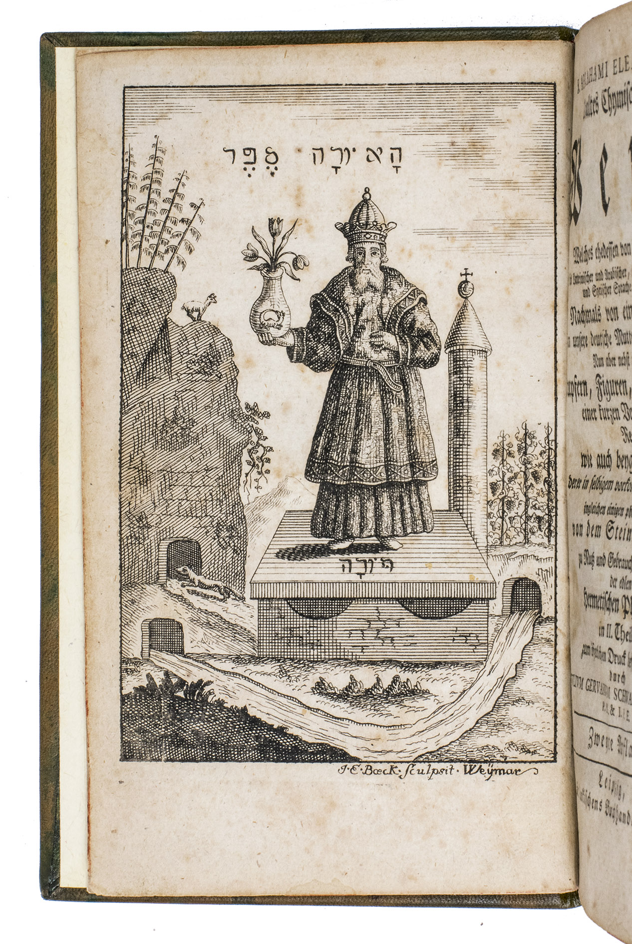 ABRAHAM ELEAZAR, Rabbi, [Julius Gervasius von SCHWARZBURG (attributed)]. - Uraltes Chymisches Werk.Including: [IDEM]. Donum dei Samuelis Baruch, des Juden Rabbi.Leipzig, Lankischens Buchhandlung, 1760. 2 parts in 1 volume. 8vo. With an engraved frontispiece, 15 numbered full-page engravings, numerous woodcut illustrations in the text, woodcut decorated initials, and woodcut head- and tailpieces at the beginning and end of each part. Modern silver- and blind-tooled greenish-brown leather with a red morocco title label lettered in silver on the spine, red edges.