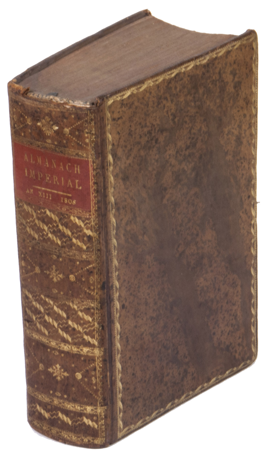 [ALMANAC - FRENCH]. TESTU, Laurent tienne (publisher). - Almanach imprial pour lan XIII [= 1804-1805] prsente a sa Majest lEmpereur par Testu.Paris, L.. Testu, [1804]. Large 8vo (ca. 19.5 x 12 cm). With the engraved coat-of-arms of the First French Empire on the title-page and numerous letterpress tables. Contemporary gold-tooled tree marbled calf.