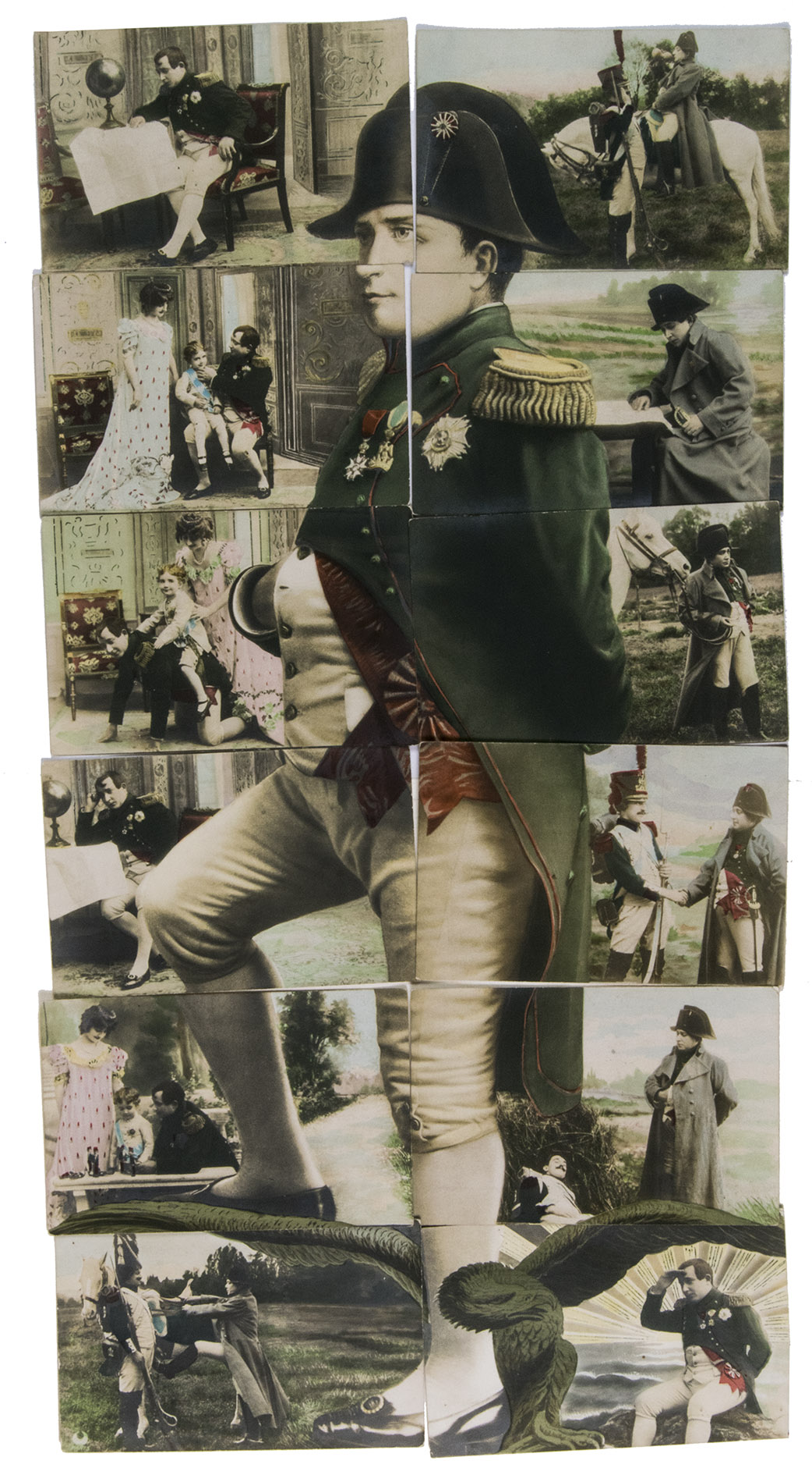 [PUZZLE POSTCARDS - NAPOLEON BONAPARTE]. - [Collection of puzzle postcards relating to Emperor Napoleon Bonaparte].[Ca. 1910]. All postcards ca. 9 x 14 cm. With 81 (hand-)coloured or black-and-white (photographic) picture postcards, including 9 duplicates. In a 20th-century ring binder with the title (
