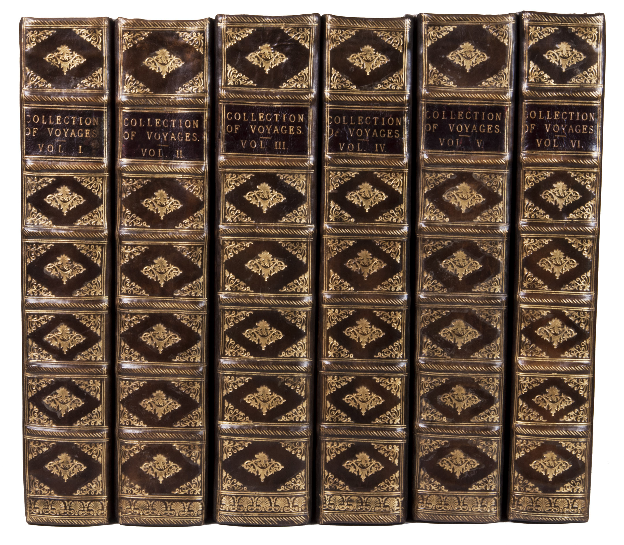 CHURCHILL, Awnsham and John CHURCHILL. - A collection of voyages and travels, some now first printed from original manuscripts, others translates out of foreign languages, and now first published in English.London, printed by assignment from Messrs Churchill, 1732. 6 volumes. Folio. With 164 engraved plates (folding, double-page and full-page), 2 portrait frontispieces, 2 engraved titles, numerous illustrations in text, and engraved arms of 28 named subscribers. Contemporary gold-tooled brown calf, with a red morocco title label on the spine.