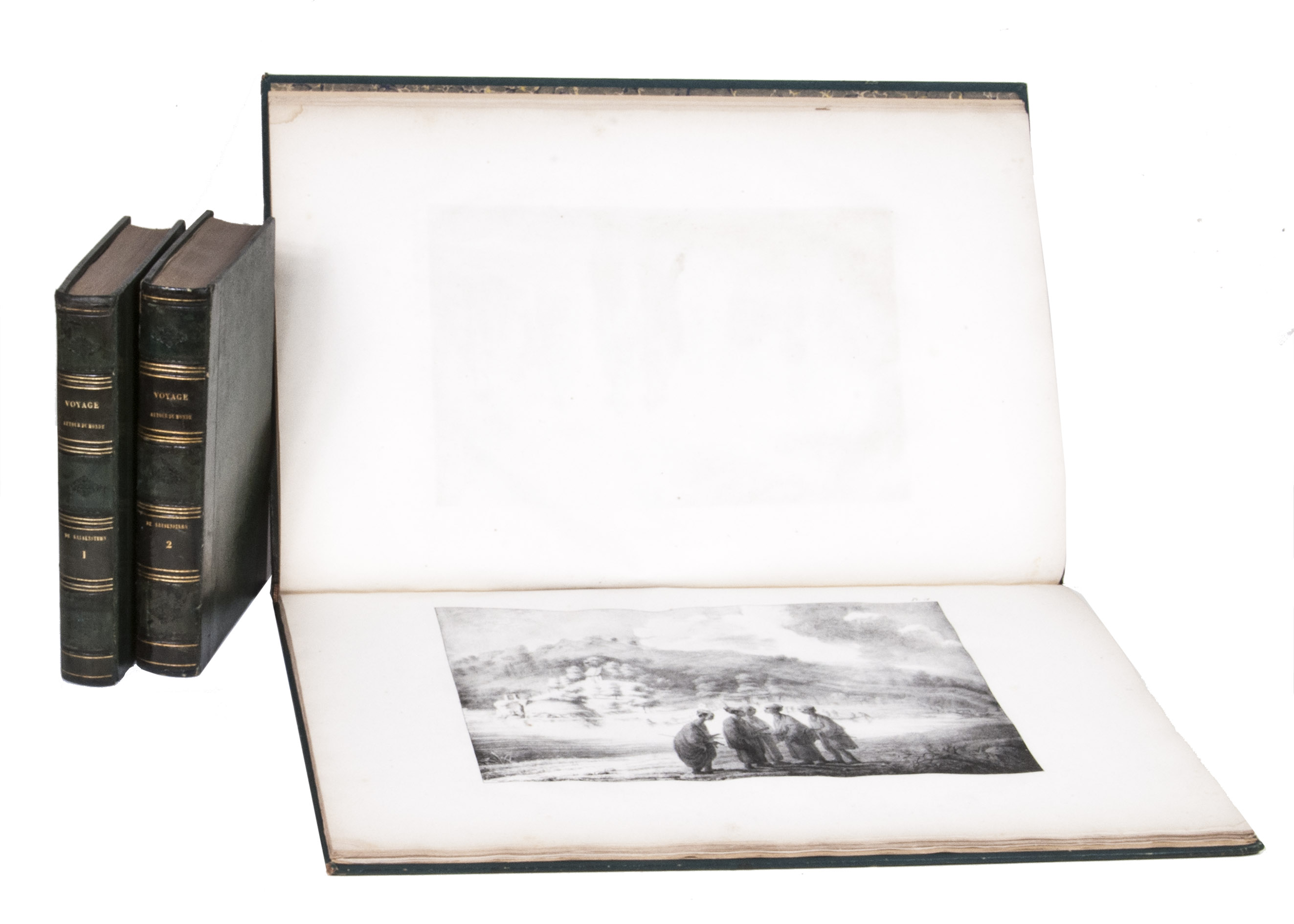 KRUSENSTERN, Adam Johann Crusius von. - Voyage autour du monde, fait dans les annes 1803, 1804, 1805 et 1806, par les ordres de Sa Majest Impriale Alexandre Ier, empereur de Russie, sur les vaisseaux la Nadiejeda et la Neva, commands par M. de Krusenstern, capitaine de vaisseau de la marine impriale.Paris, Librairie de Gide et Fils, 1821. 2 text volumes and 1 atlas. 8vo and folio atlas. With 30 engraved plates (21 views and portraits, 9 maps and charts, of which 3 folding). Contemporary blind-tooled dark green goatskin, with a dark green morocco title label and a dark green morocco volume label on the spine, dark green buckram sides, marbled end papers. The atlas in contemporary gold- and blind-tooled dark green quarter goatskin, with the title lettered in gold on the spine, blue green cloth sides, marbled end papers.
