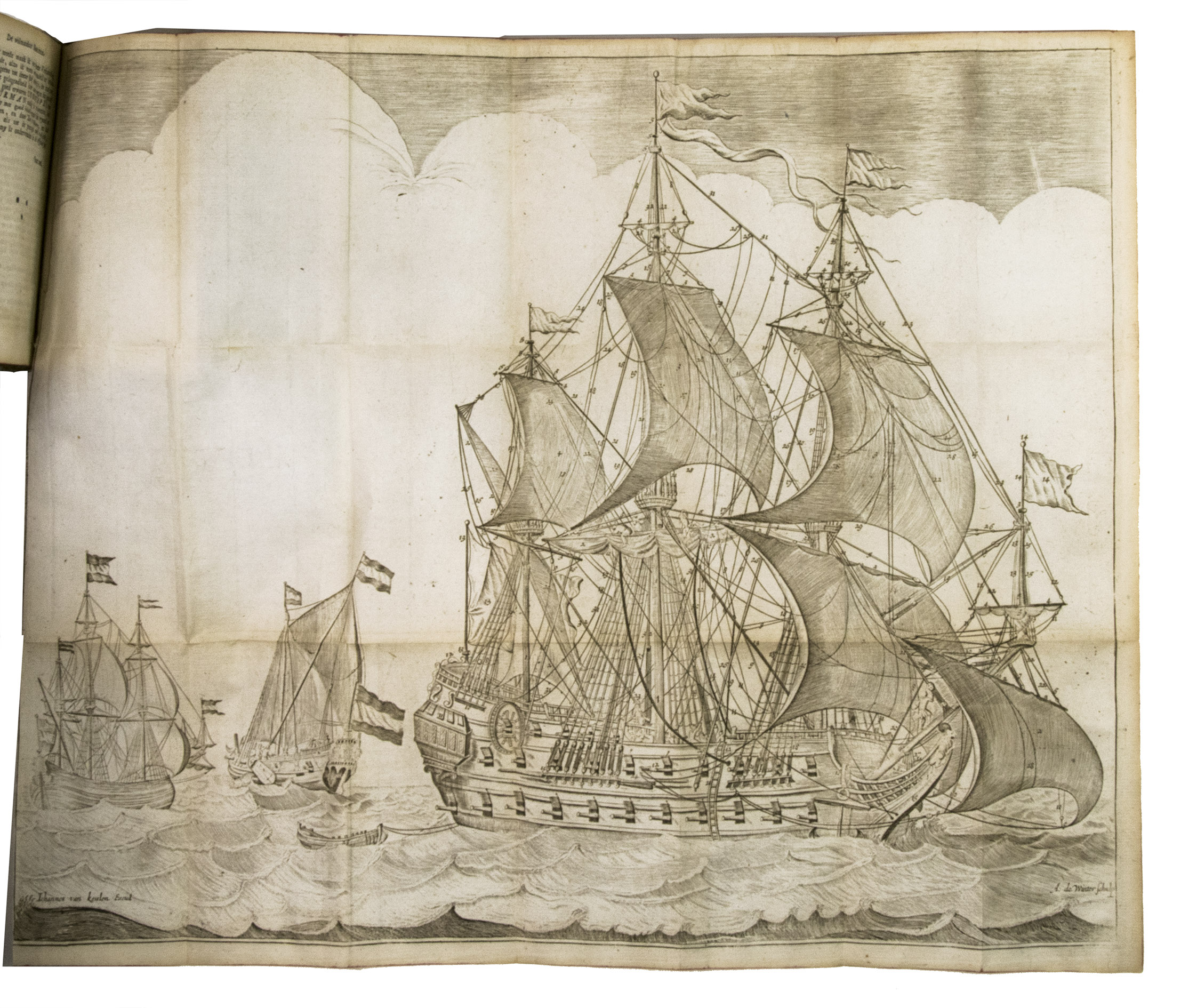 [MOOLEN, Symon van de]. - De volmaakte bootsman, vervattende hoe men uit een gegeven scheeps lengte de voornaamste scheepsdelen zal vinden, de bemasting, het kerven van t staande en lopende touwerk, en verder het geene in t toetakelen der scheepen van nooden is. Mitdsgaders de takelagie voor verscheide charters van scheepen, welke by de s lands oorlogscheepen in gebruik zyn  Zeer dienstig voor alle zeevarende lieden.Amsterdam, Widow of [Gerard] Hulst van Keulen, [ca. 1818]. Small 8vo. With a large folding plate (42.5 x 52 cm) depicting and noting in numbers all the parts of a 17th-century three-master and two smaller Dutch ships at sea engraved by Anthonie de Winter (1652-1707) after Johannes van Keulen (1654-1715). 20th-century green faux snakeskin, sewn on 4 leather tapes laced through the joints, the extended back wrapper closing on the front side as an envelope, marbled endpapers, red edges.