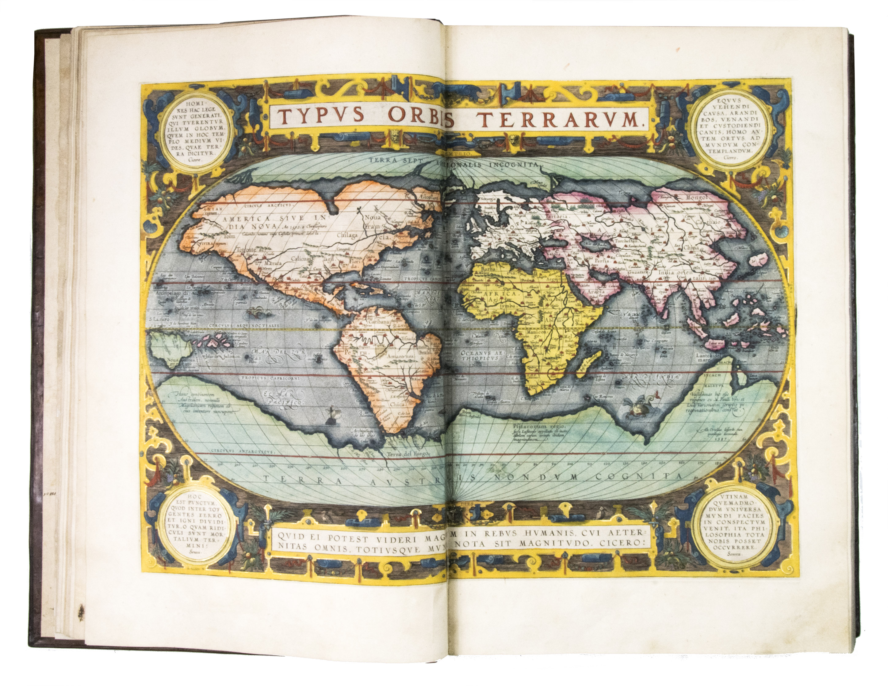 ORTELIUS, Abraham. - Theatrum orbis terrarum.Including: Parergon, sive veteris geograpiae [!] aliquot tabulae ...[Antwerp, Ex Officina Plantiniana = Jan Moretus I, 1595]. With: Nomenclator Ptolemaicus; omnia locorum vocabula quae in tota Ptolemaei geographia occurrunt, continens: ad fidem Graeci codicis purgatus; & in ordinem non minus utilem qum elegantem digestus.Antwerp, Ex Officina Plantiniana [= Jan Moretus I], 1595. 3 parts in 1 volume. Large folio (44.5 x 29 cm). With an engraved general title page to the Theatrum without imprint, a divisional title page for the Parergon, with letterpress text in a woodcut architectural cartouche; and a title page for the Nomenclator with the imprint and woodcut publisher's device. Further with a full-page engraved portrait of Ortelius, 147 double-page engraved maps with letterpress text (numbered 1-115 in the Theatrum and lettered A-Z, a-i in the Parergon, the i misprinted as an h but corrected by scraping part away), about 40 woodcut images of the obverse and/or reverse of coins, some woodcut tailpieces, numerous woodcut decorated initials, and decorations built up from arabesque typographic ornaments. All maps, the engraved title page and portrait, the woodcut divisional title, publisher's device, decorations except for the coin illustrations, and all initials fully and brightly coloured by a contemporary hand. The engraved title page and portrait, the divisional title, publisher's device and all the maps also highlighted in gold. 17th-century gold-tooled brown calf, sewn on 6 supports with corresponding raised bands on the spine, gilt edges.