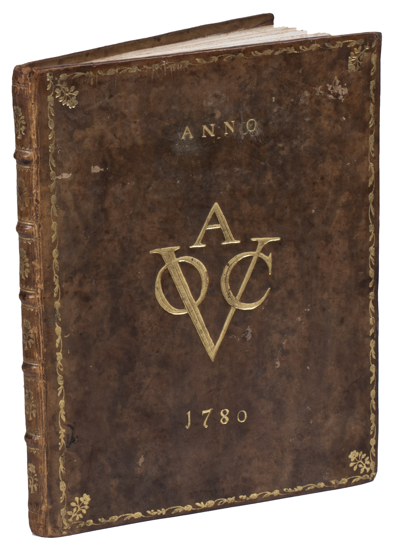 [BINDING VOC - MANUSCRIPT - FRENCH - VERNET, Jacob]. - [Instruction chrtienne, ou catechisme familier; avec quelques prires a lusage des petits enfans].[The Netherlands?, ca. 1780?]. 4to (ca. 19 x 15 cm). Manuscript in French, written in black ink on paper, in a neat cursive script by one hand. With chapter divisions (numbered 39-75) and headings. The text is written upside down in relation to the binding. Most leaves show an identical watermark, depicting a lion rampant on a pedestal with Vryheyt in a crowned ring with Pro Patria Eiusque Libertate and the letters CR below, which is very close to Heawood 3149 (date: 1753). Late 18th-century gold-tooled brown mottled calf, sewn on 5 supports, bound by the so-called Acorn-and-Foliage Tool Bindery in Amsterdam (Storm van Leeuwen). Both boards show the large gold-tooled monogram of the Amsterdam chamber of the VOC as a centre piece sandwiched between the gold-tooled date Anno 1780, all within a gold-tooled floral frame with floral corner pieces in the inside corners, spine gold-tooled in six compartments, red sprinkled edges.
