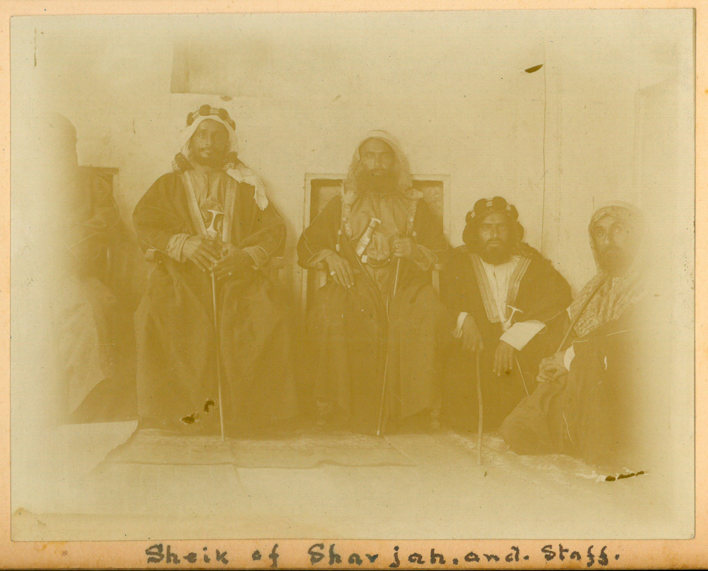 BELL, Charles Courtenay (compiler). - [Photograph album: Sheikhs of the Trucial Coast].Various places, including Hong Kong, Mumbai, Muscat, Sharjah, and Aden, 1900-1909. Oblong folio (27.5  18.8 cm). With 91 albumen photographs pasted in, plus 10 loose at the rear, ranging from panoramas of 16  43.7 cm to smaller photographs of 5.5  6.5 cm.  Contemporary half black morocco.