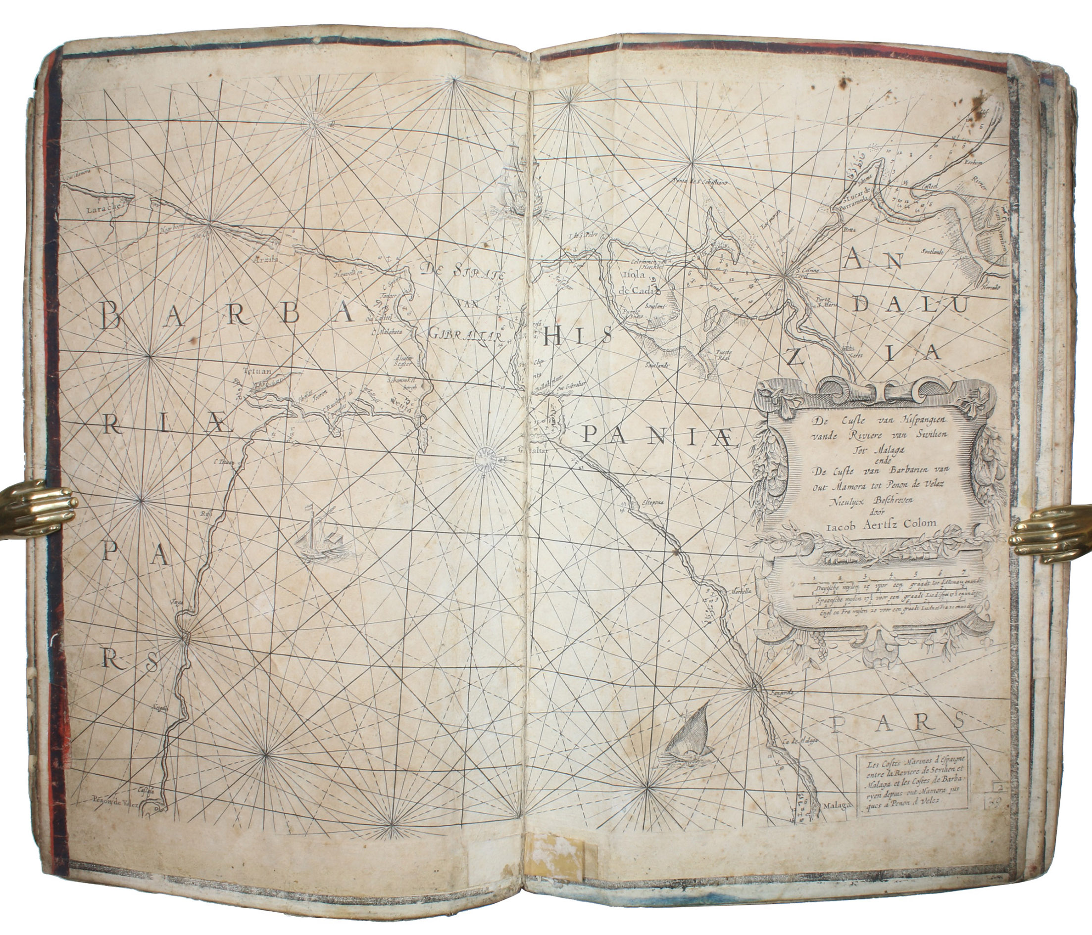 COLOM, Jacob Aertsz. - [Description de la mer mditerrane].[Amsterdam, ca. 1670]. Folio (29 x 45 cm). With 9 double-page engraved charts only, each sheet ca. 44  55 cm, each mounted on stiff paper with maps back-to-back, with thick red and black ink borderlines. 8 of 9 maps are by Colom, numbered 2-9 in the plates from; plate 1 has been replaced with Johannes de Rams map of the Mediterranean: 
