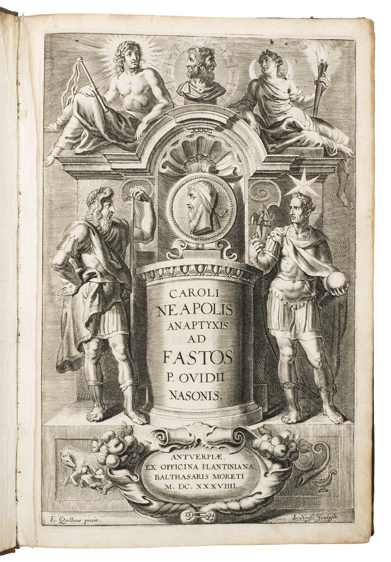 NEAPOLIS, Carolus. - Anaptyxis ad fastos P. Ovidii Nasonis.Antwerp, Balthasar I Moretus, 1639. Folio (ca. 31 x 21 cm). With the title page engraved by Jacob Neeffs after a design by Erasmus Quellinus II, Plantin's large woodcut device on the verso of the final leaf, several woodcuts in the text, several woodcut ornamental tailpieces, and numerous woodcut decorated initials. Contemporary elaborately gold-tooled reddish-brown leather, sewn on 4 supports with corresponding raised bands on the spine, with a brown leather title label on the spine lettered in gold, the Jesuit monogram 