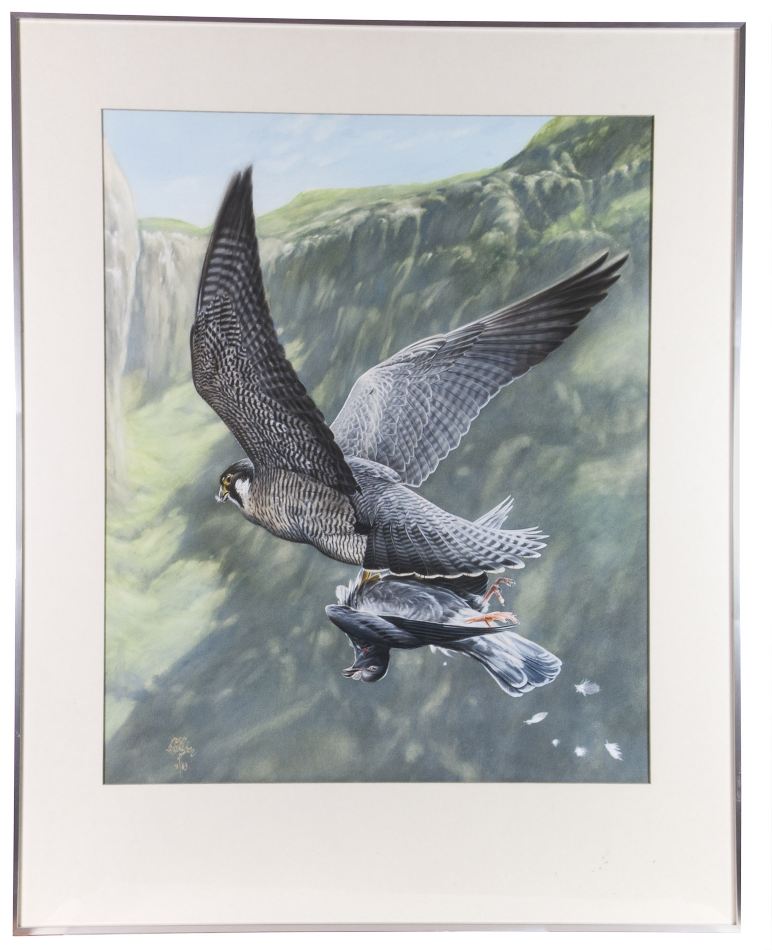 MICHIELSEN, Hans (artist). - [A peregrine falcon flying in the sky with a captured pigeon in its talons].[The Netherlands], November 1983. Mixed media drawing with coloured crayon, gouache and watercolour on paper (ca. 74.5 x 60.5 cm). Signed Hans Michielsen and dated 11/83 in gouache in the bottom left corner.  In passepartout and framed (ca. 100 x 80 cm).
