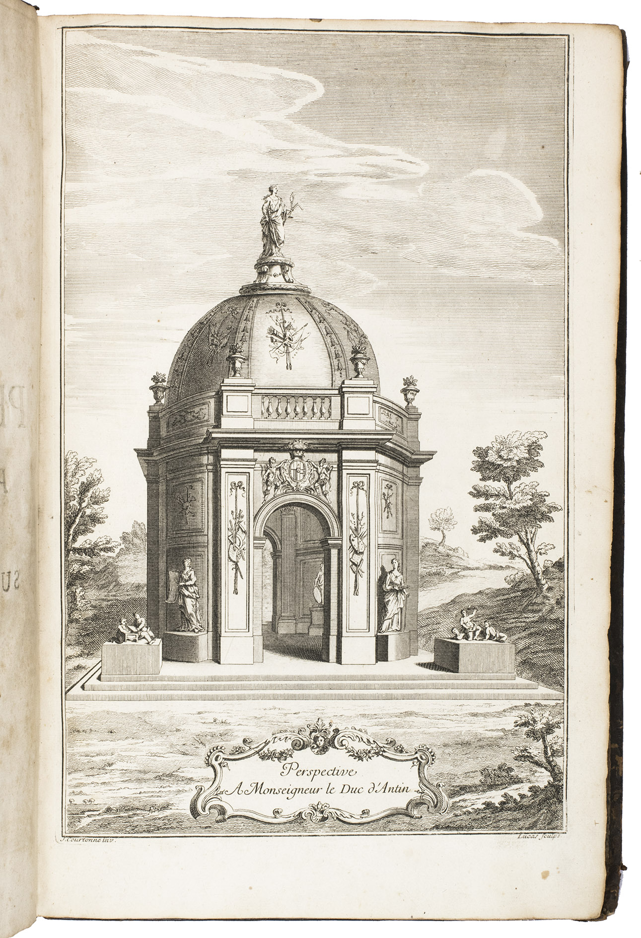 COURTONNE, Jean. - Trait de la perspective pratique, avec des remarques sur l'architecture, suivies de quelques edifices considerables mis en perspective, & de l'invention de l'auteur. Ouvrage trs-utile aux amateurs de l'architecture & de la peinture.Paris, Jacques Vincent, 1725. 3 parts in 1 volume. Folio. With 33 engraved plates (32 folding, 1 double-page), an engraved frontispiece, numerous decorated woodcut initials, and head- and tailpieces (both woodcut and built up from typographical ornaments). Contemporary gold and blind tooled mottled brown calf.