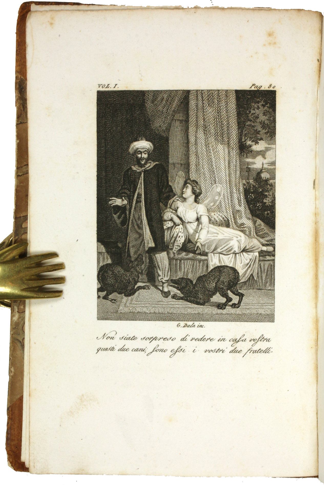 [ALF LAYLA WA-LAYLA - ITALIAN]. - Le mille e una notti. Novelle arabe gi pubblicate dal Galland [...] Nuova traduzione eseguita sullultima edizione di Parigi da A. F. Falconetti. Vol. I [-XXVII]. Venice, Giuseppe Antonelli, 1831-1832. 27 parts in 9 volumes. 12mo. With 26 (of 27) engraved plates, drawn by Pietro Zandomeneghi and engraved by Giorgio Buttazzon. Contemporary half calf with the title and volume numbers in gold on the spine.