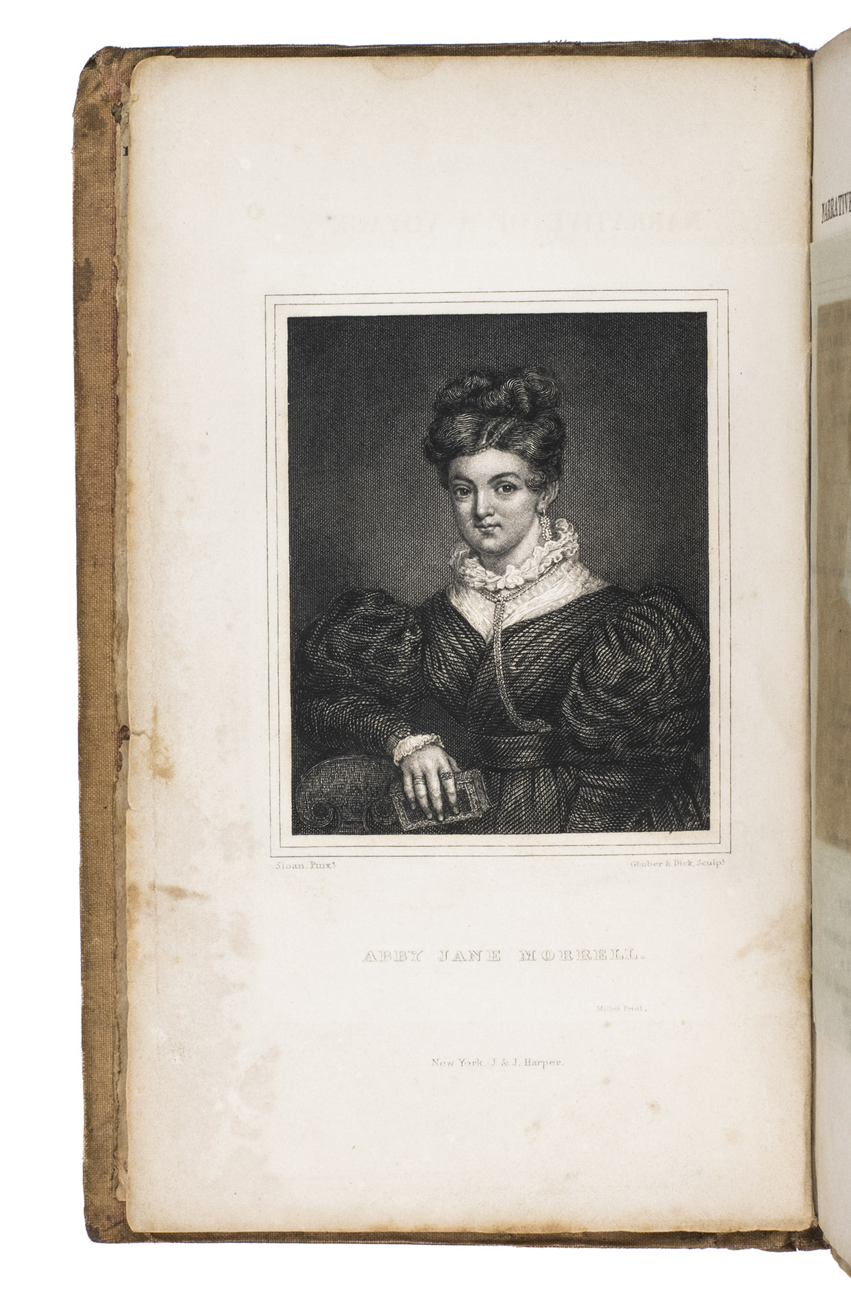 MORRELL, Abby Jane. - Narrative of a voyage to the Ethiopic and South Atlantic Ocean, Indian Ocean, Chinese Sea, North and South Pacific Ocean, in the years 1829, 1830, 1831.New York, J. & J. Harper, 1833. Large 8vo (ca. 19.5 x 11 cm). With an engraved frontispiece. Contemporary (browned) pink cloth with a printed title label mounted on the spine, in a later clamshell box.