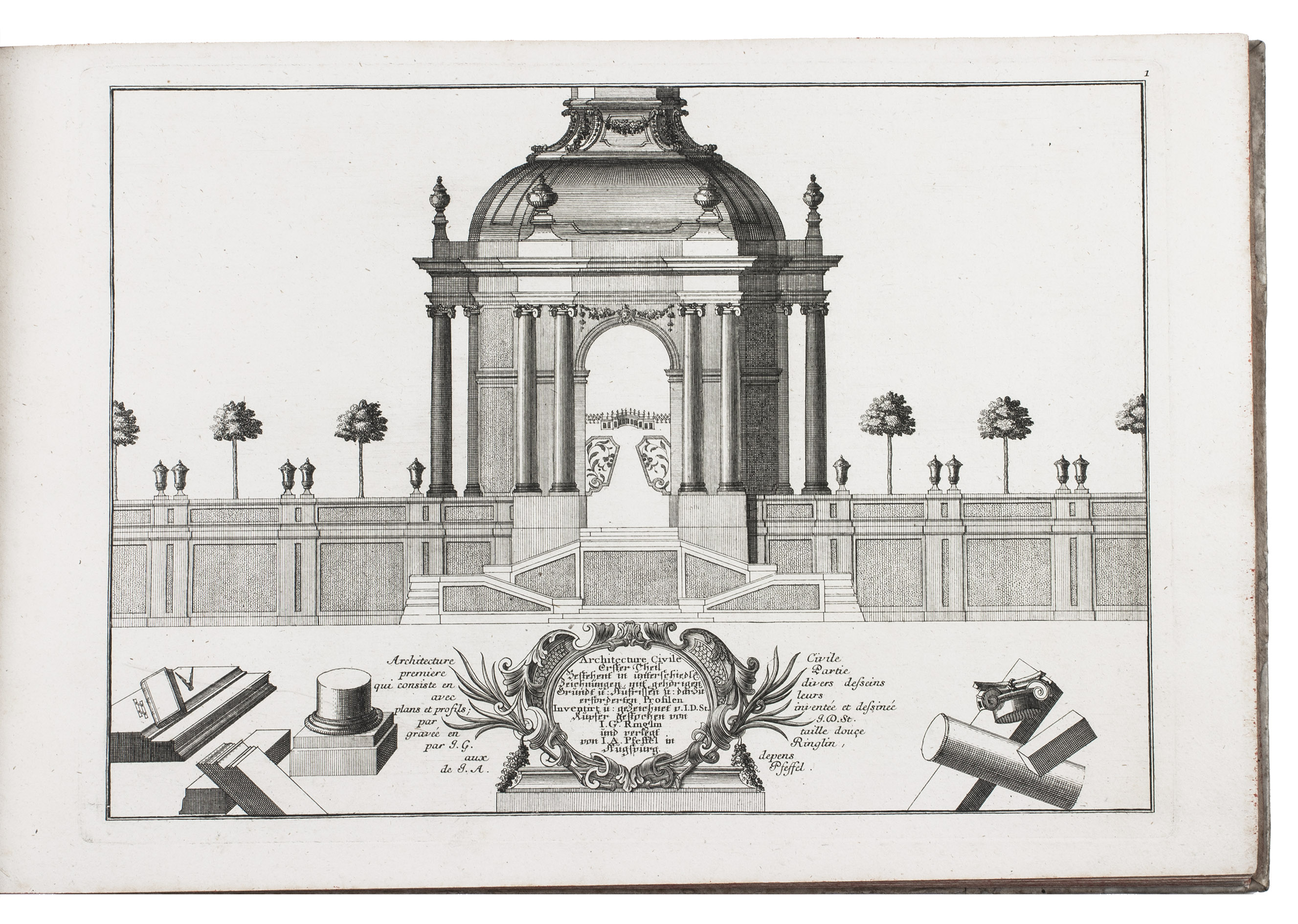 STEINGRUBER, Johann David. - Architecture civile erster Theil ... | Architecture civile premiere partie ... [all published].Augsburg, Johann Andreas Pfeffel, [ca. 1740/48]. With:(2) DANREITER, Franz Anton. Lust-Stck der Grten ... | Parterres ou broderies des jardins ... [Erster-]Anderer Theil.Augsburg, Johann Andreas Pfeffel, [ca. 1730/1735].(3) CHARMETON, Georges. Plans de divers edifices et corniches choisies ... | Abrisse unterschiedener Geblcke und Kronwercke ...Augsburg, Johann Andreas Pfeffel, [ca. 1740/48]. 3 works, ad 2 in 2 parts, in 1 volume. Oblong folio (25 x 38.5 cm). Ad 1: with an engraved plate with a German note to the reader, and 25 numbered plates of architectural plans, elevations and sections engraved by J.D. Ringlin after Steingruber, plate 1 with the German title in and French title flanking a decorative cartouche, each further plate with a heading in German and French. Ad 2: with 2 engraved illustrated title pages from the same plate (ruins in a landscape, with 2 putti holding a drape with the title, the second title page with 