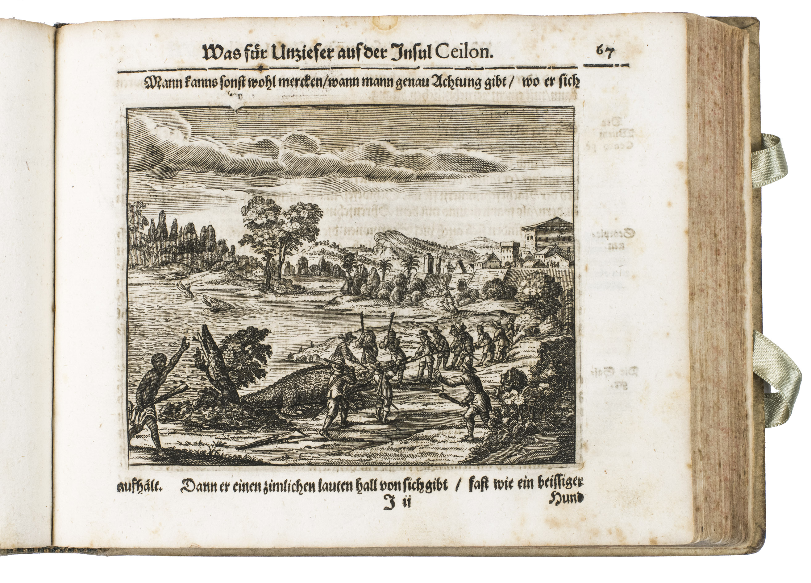 SAAR, Johann Jacob. - Ost-Indianische Funfzehen-Jhrige Kriegs-Dienst und wahrhaftige Beschreibung ...Nuremberg, printed by Wolfgang Eberhard Felssecker and sold by Johann Tauber, 1662. Oblong 8vo. With an engraved title page of a ship engaged in a sea battle, an engraved portrait of the author, and 15 engraved plates. Further with woodcut tailpieces, woodcut decorated initials, and headpieces built up from typographic ornaments. Set in fraktur type with incidental schwabacher, roman, and italic. Contemporary vellum.