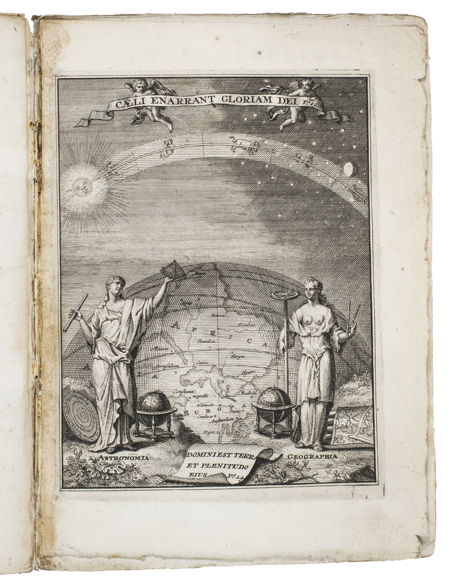 [ZUMBACH VON KOESFELD, Lothar] and Gerard VALK (engraver and publisher). - 't Werkstellige der sterre-konst ...Amsterdam, Gerard Valk, [late 17th or early 18th century (ca. 1701?)]. 4to. With an engraved frontispiece, and 4 folding engraved plates. Further with a few tables in the text, some woodcut decorated initials, and a woodcut floral tailpiece. Contemporary stiff orange-brown sprinkled paper boards.
